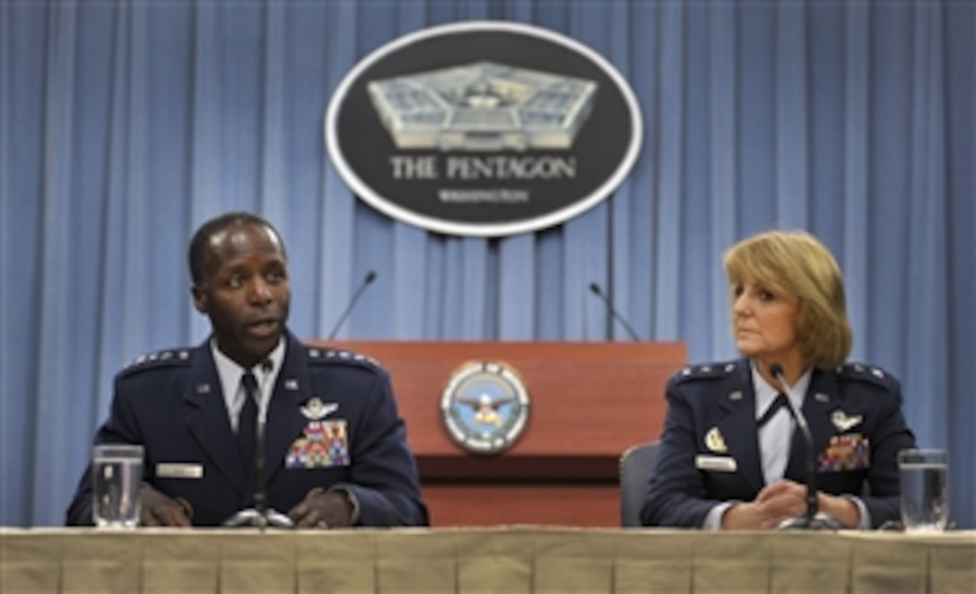 Commander, Air Education and Training Command Gen. Edward Rice Jr., left, and Air Force Chief of Safety Maj. Gen. Margaret Woodward brief the media on the findings and recommendations of the commander directed investigation of misconduct at the Air Force's Basic Military Training at Joint Base San Antonio-Lackland in the Pentagon on Nov. 14, 2012.  