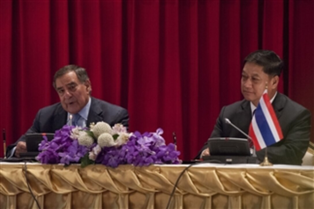 Secretary of Defense Leon E. Panetta and Thailand's Minister of Defence Sukampol Suwannathat conduct a joint press conference in Bangkok, Thailand, on Nov. 15, 2012.  Panetta and Sukampol met earlier to discuss regional security items of interest to both nations and to affirm U.S.-Thailand security ties.  