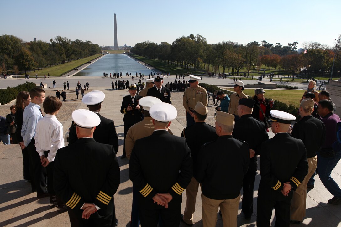 Sgt. Maj. Micheal P. Barrett, the 17th Sergeant Major of the Marine Corps, attends the Reenlistment Ceremony of Senior Chief Religious Prgram Specialist Raymond Quinn at the Lincoln Memorial in Washington, D.C.., Oct. 29, 2012. (U.S. Marine Corps photo by Cpl. Cody A. Fodale)