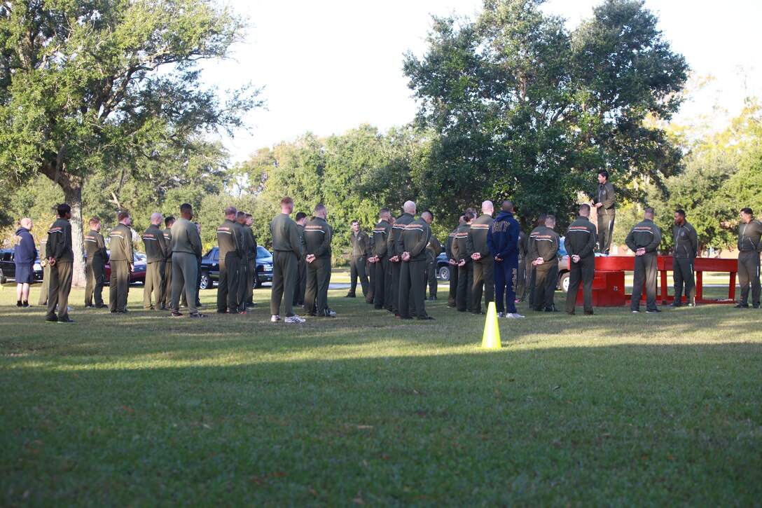 First Sgt. Brenda R. Chrismer, the first sergeant of Headquarters Company, Combat Logistics Regiment 27, 2nd Marine Logistics Group briefs Marines and sailors of Headquarters Co. during the company’s fall training aboard Camp Lejeune, N.C., Nov. 5, 2012. Marines and sailors of Headquarters Co. trained in response to issues such as alcohol abuse and sexually transmitted diseases.