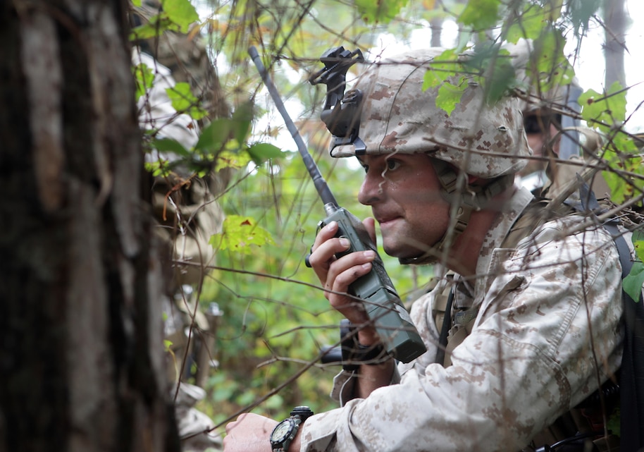 Capt. Devaunt LeClaire calls for helicopter support after his squad takes enemy fire during a foot patrol at Marine Corps Auxiliary Landing Field Bogue Oct. 18. The exercise was designed to prepare the Marines with II Marine Expeditionary Force (Forward) for their upcoming deployment to Afghanistan. The Marines are scheduled to deploy as part of a Security Force Assistance Adviser Team.