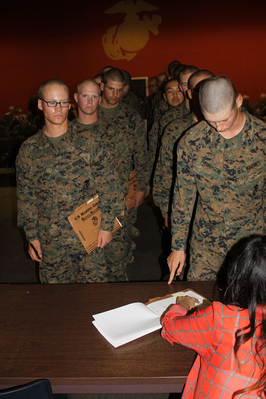 Recruits of Company F, 2nd Recruit Training Battalion, are explained the details of their orders aboard Marine Corps Recruit Depot San Diego, Nov. 6. Recruits also recieved instruction on proper conduct on leave and recruiting assistance. 