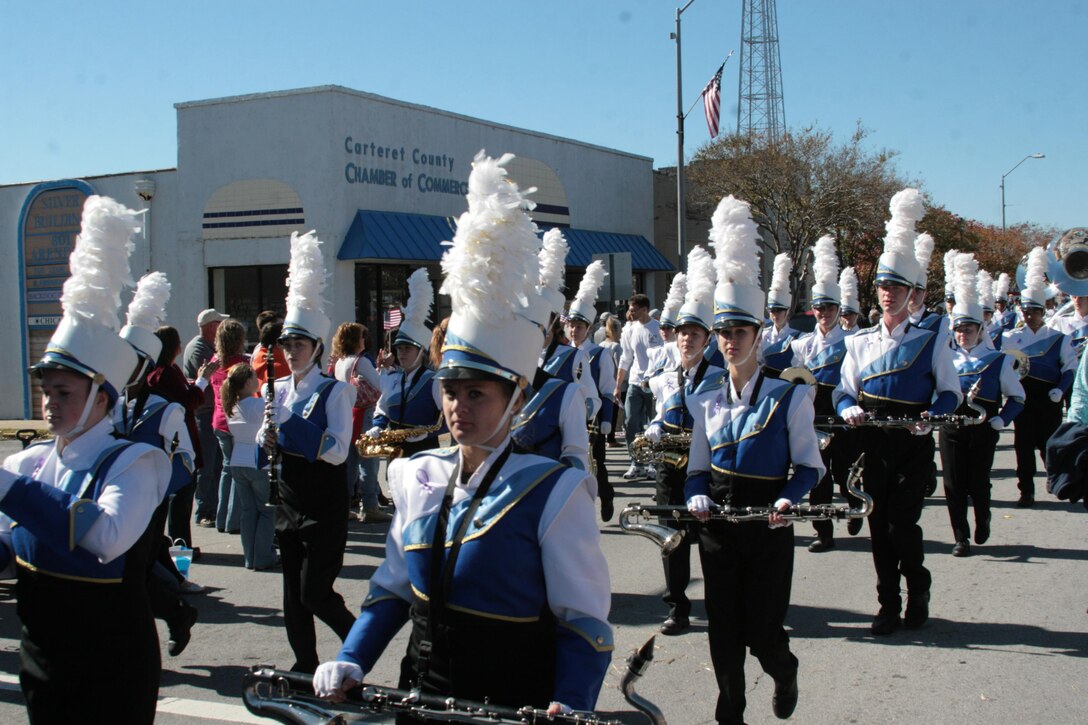 The Marching Mariners, a marching band from Beaufort, N.C., perform in the Carteret County Veterans Day parade in Morehead City, N.C., Nov. 10. The band played patriotic songs, including the Marine Corps hymn and “Anchors Away”.