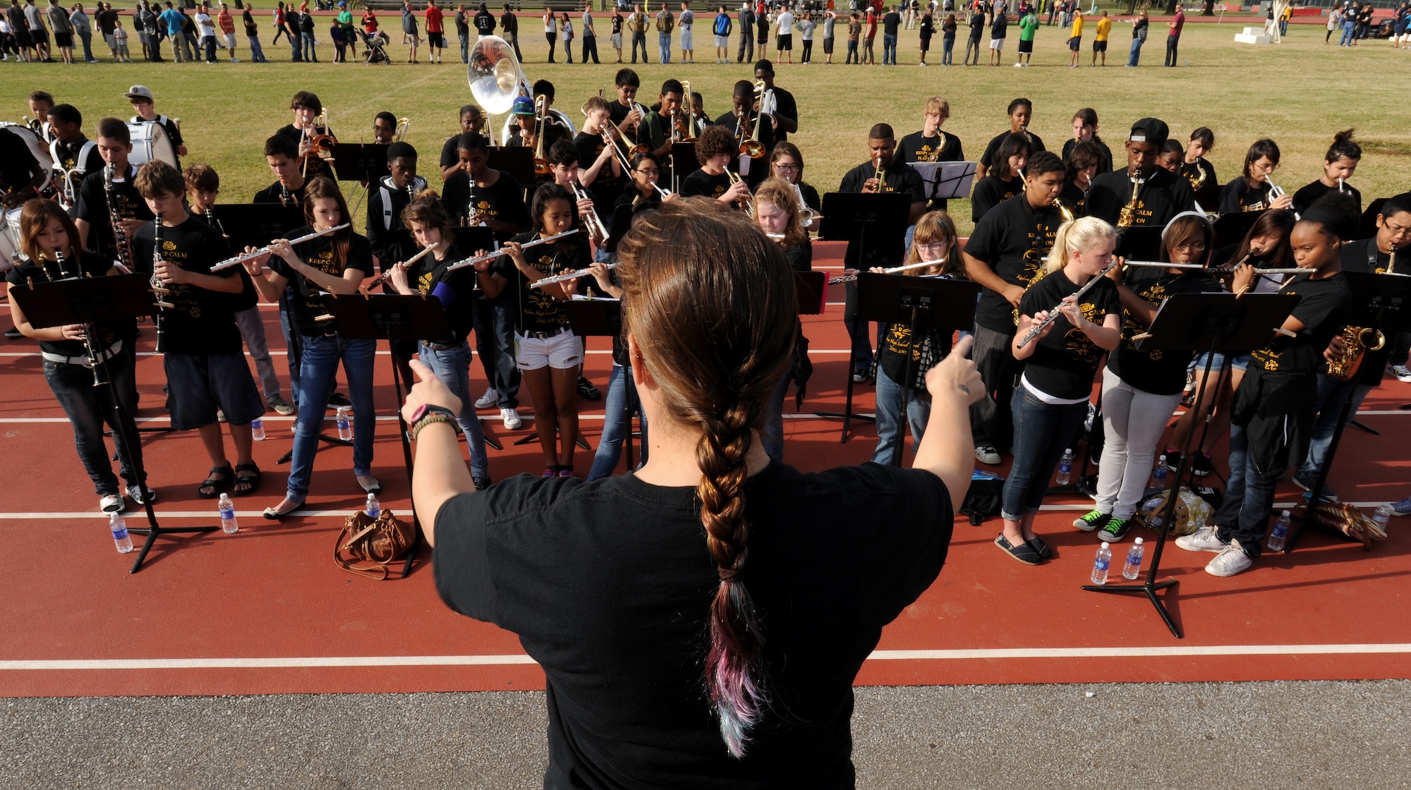 The Kadena High School Band plays during the opening ceremonies of the 13th annual Kadena Special Olympics on Kadena Air Base, Japan, Nov. 17, 2012. The Kadena Special Olympics is a one-day sporting and entertainment event with about 1,500 special needs athletes and artists participating in a day of competition, music and special recognition. Some of the events featured this year include: running events, wheelchair events, tennis, basketball, floor hockey demonstration, and many other track and field events. An art exhibit showcasing the artwork of 520 special-needs artists was open for viewing at the Risner Gym throughout the day. (U.S. Air Force photo/Staff Sgt. Laszlo Babocsi) 