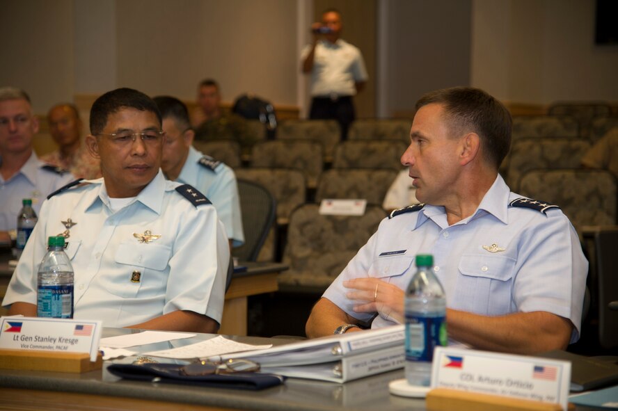 Lt. Gen. Stanley Kresge, vice commander, Pacific Air Forces (right), welcomes Maj. Gen. Raul Dimatatac, Philippine Air Force vice commander, to the first United States and Philippine Airman-to-Airman Talks here at Joint Base Pearl Harbor-Hickam.  The Republic of the Philippines, a major non-NATO U.S. ally, holds a long-standing mutual defense treaty with the U.S. dating back to 1951.  Events like the Airman-to-Airman Talks strengthen relationships between the two air forces and establish a forum for open discussion of critical airpower topics in the Pacific. (U.S. Air Force photo/Staff Sgt. Matthew S. Bright)