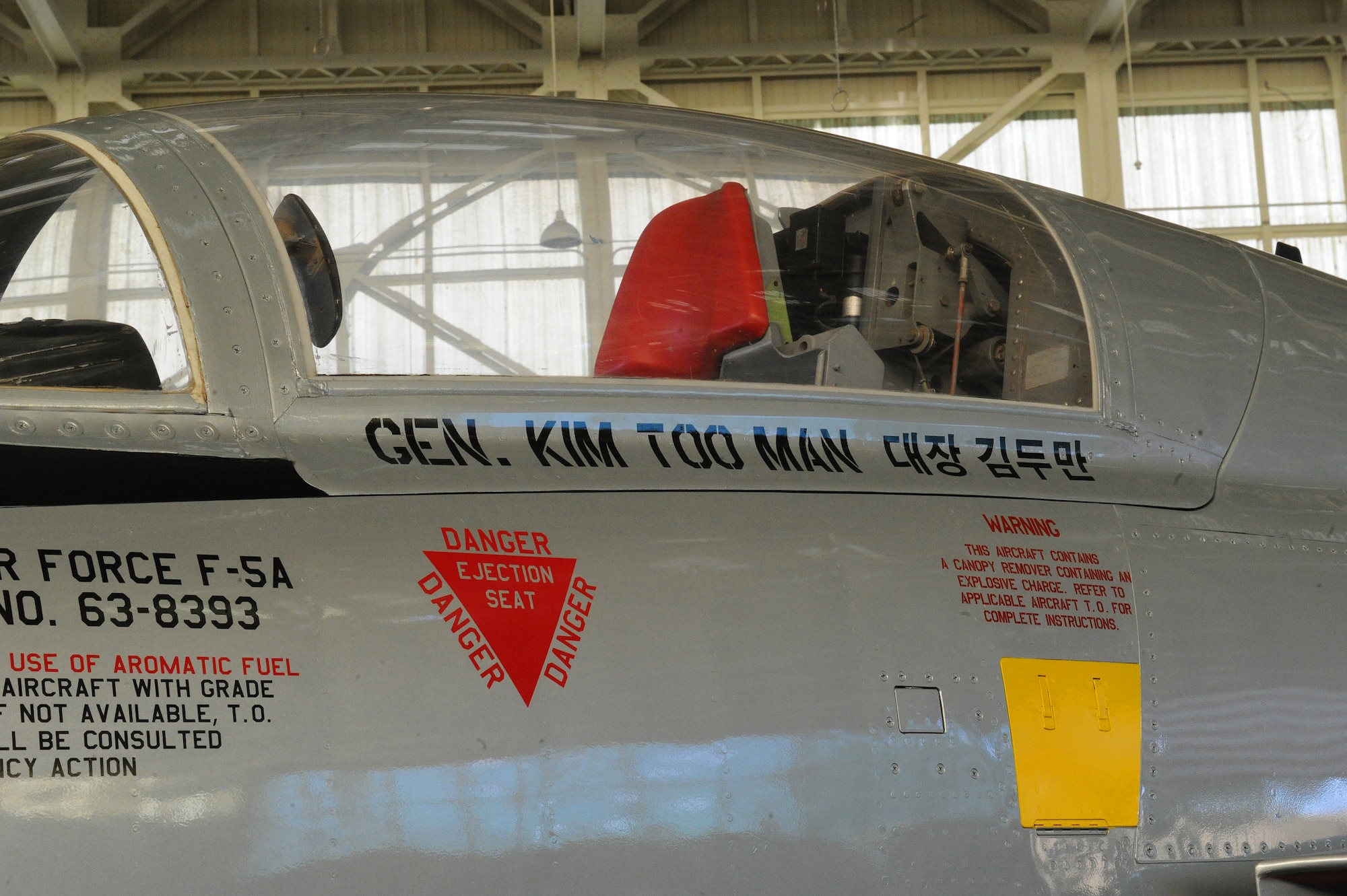 A Republic of Korea Air Force F-5A Freedom Fighter dedicated to Gen. Kim Too Man, a legendary figure in the ROKAF, sits on displays at the Pacific Aviation Museum, Ford Island, Hawaii, Nov.12, 2012. Today the aircraft are used as an adversary fighter in the “Top Gun” and “Red Flag” combats schools. (U.S. Air Force photo/Tech Sgt. Jerome S. Tayborn/Released)