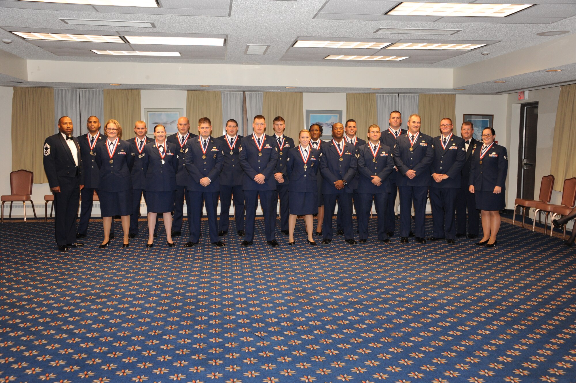 KIRTLAND AFB, N.M. -- Eighteen senior airmen graduated Nov. 8 from Kirtland AFB Airman Leadership School Class 13-1. They are:  Lance Berner, 377th Logistics Readiness Squadron, Joseph Bland, 512th Rescue Squadron, Sonya Daelhousen, 377th Weapons System Security Squadron, Donald Dauer, 58th Aircraft Maintenance Squadron, Randal Degrave, 58 AMXS, Justin Fay, 58 AMXS , Ashley Flores, 58 AMXS, Daniel Guck, 58 AMXS, William Hensley, 58 AMXS (Academic Award), Jeffrey Janke, 377th Security Forces Squadron, Noah Jobe, 58 AMXS (Distinguished Graduate) , Kimberly Merrell, 377th Mission Support Group, Brejon Modock, 377th Medical Operations Squadron, Jedidiah Morris, 377th Comptroller Squadron (Commandant’s Award), Katryna Neice, 58th Operations Support Squadron, Michael Shelly, 377 LRS (Levitow Award), Kellianne Turner, 377th Medical Support Squadron, Nelson Vargas, 71st Special Operations Squadron. (Photo by Dennis Carlson)