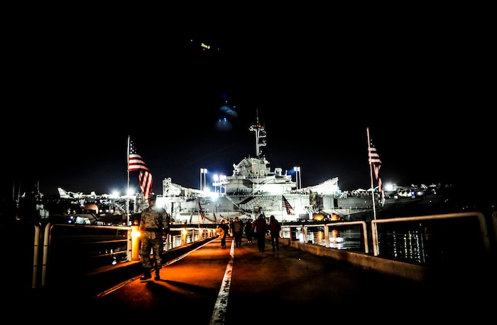 Joint Base Charleston service members attended the 2nd Annual Carrier Classic aboard the USS Yorktown Nov. 9, 2012 in Charleston, S.C. The men's and women's basketball teams from Ohio State University, as well as the Notre Dame women's team and Marquette University men's team were scheduled to play. The men’s game between Marquette University and Ohio State was canceled due to moisture on the court. (U.S. Air Force photo/ Senior Airman Dennis Sloan)