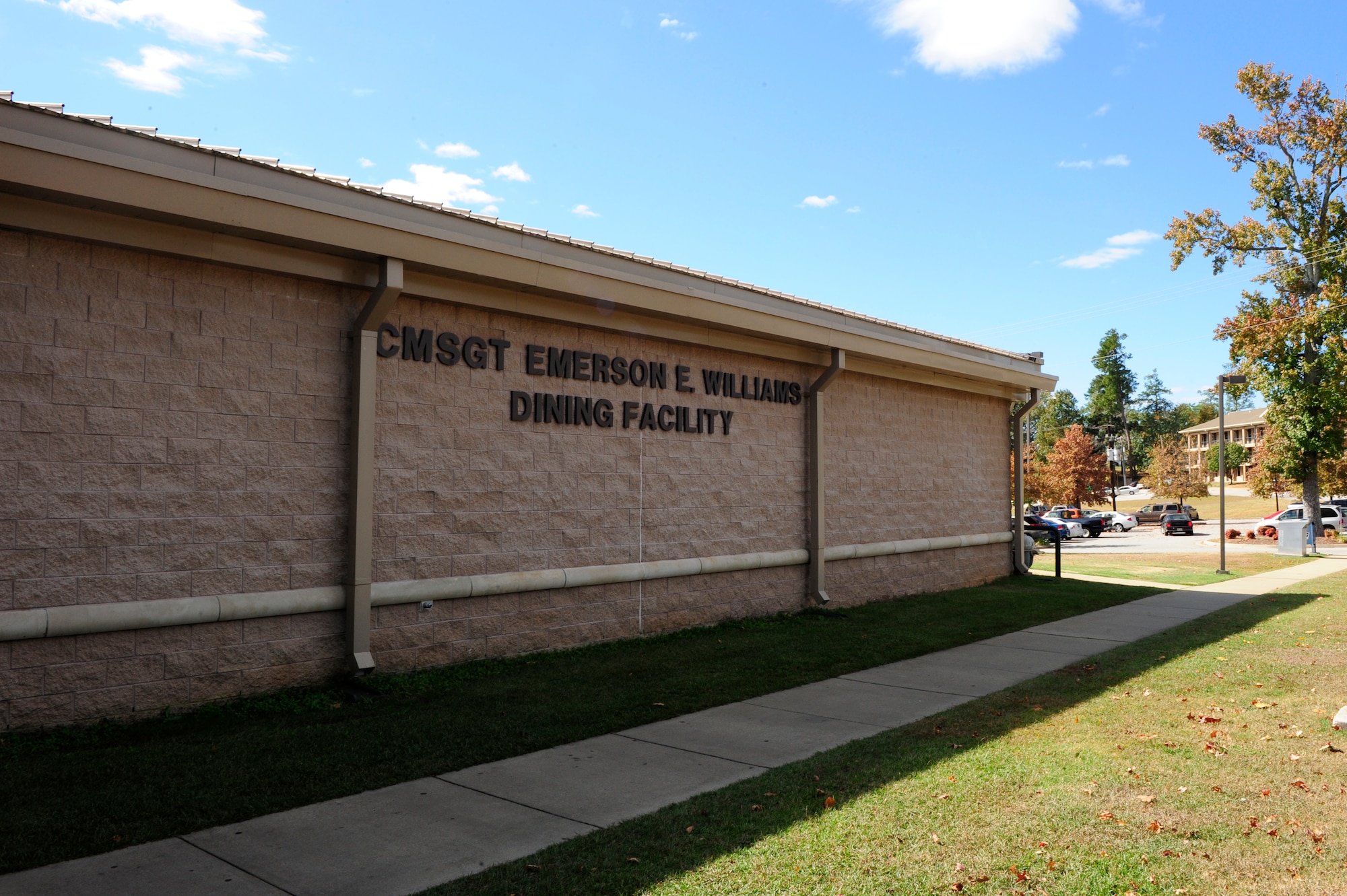 The CMSgt. Emerson E. Williams Dining Facility provides the main source of food for dorm residents at Shaw Air Force Base, S.C., Oct. 31, 2012. Those living in the dorms are automatically enrolled in a meal plan in which scheduled monthly deductions from their paychecks allow them to eat at the dining facility for free. (U.S. Air Force photo by Airman 1st Class Daniel Blackwell/Released)
