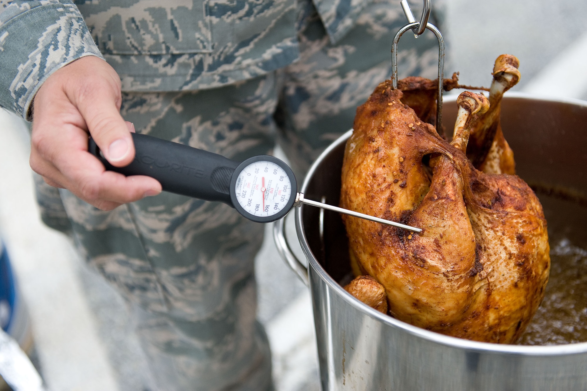 A thermometer is inserted into a turkey after it is removed from a turkey fryer Nov. 16, 2012, at Dover Air Force Base, Del. The oil temperature in the turkey fryer should be between 325 and 350 degrees while the internal meat of the bird should be between 175 and 180 degrees. (U.S. Air Force photo by Roland Balik)
