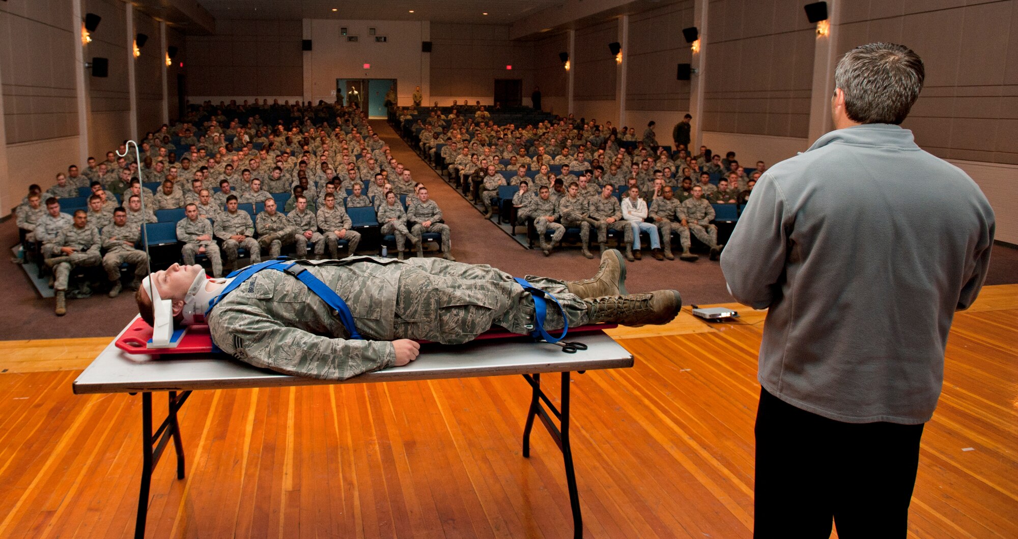 Senior Airman Erick Brunelle, 22nd Maintenance Squadron, participates in a demonstration by Street Smart presenters, who spoke about the importance of wearing a seatbelt and making proper decisions before driving Nov. 14, 2012, McConnell Air Force Base, Kan. Approximately 600 Airmen between the ages of 18 and 26 attended the two events on base. (U.S. Air Force photo/ Airman 1st Class Victor Caputo)