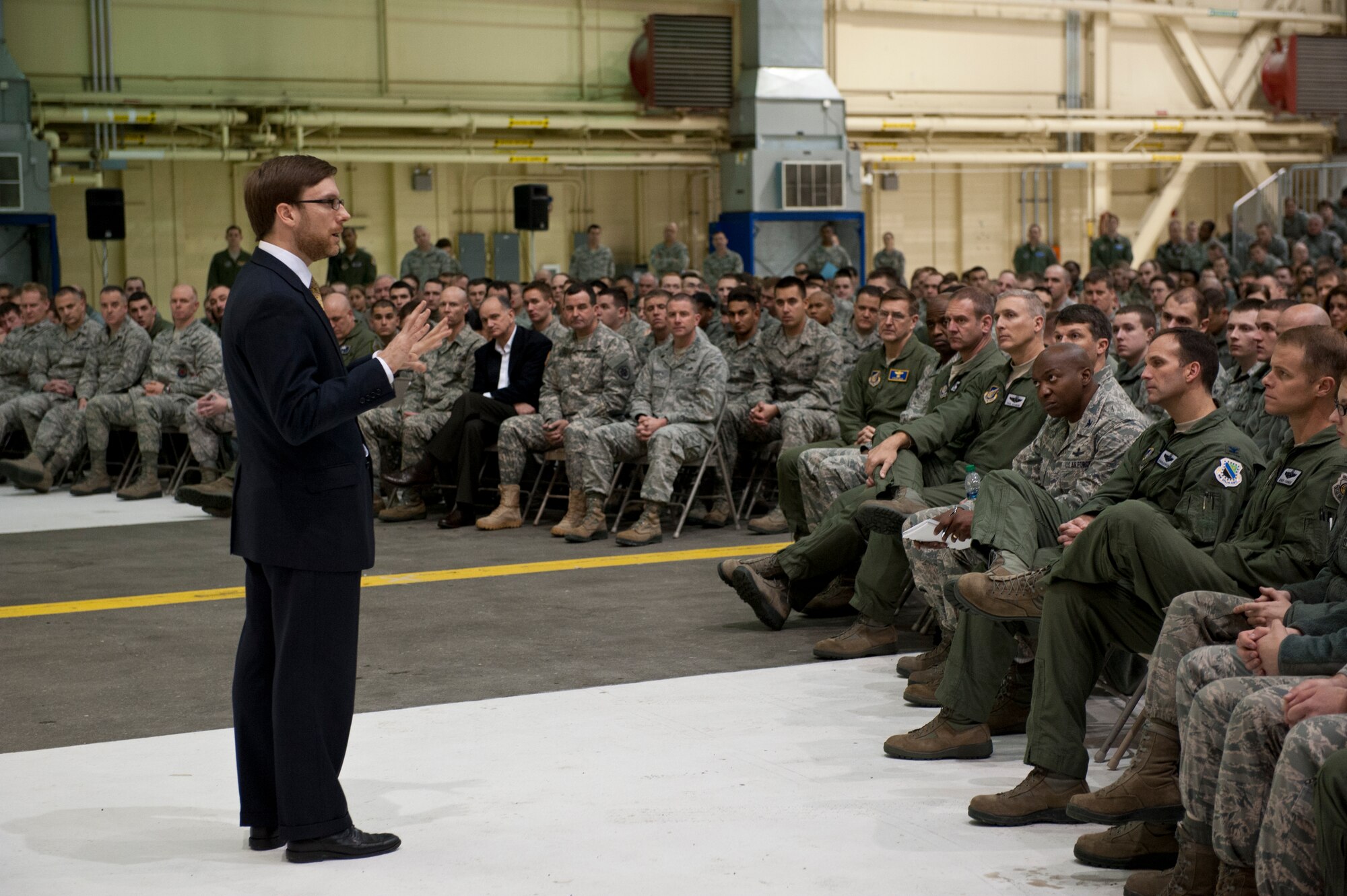 JOINT  BASE ELMENDORF-RICHARDSON, Alaska – Acting Under Secretary of the Air Force Dr. Jamie Morin speaks to JBER Airmen during an Airman’s Call Nov. 13, 2012. Morin visited the base to thank JBER Airmen for their service and address challenges ahead for the Air Force (U.S. Air Force Photo/Airman 1st Class Omari Bernard)