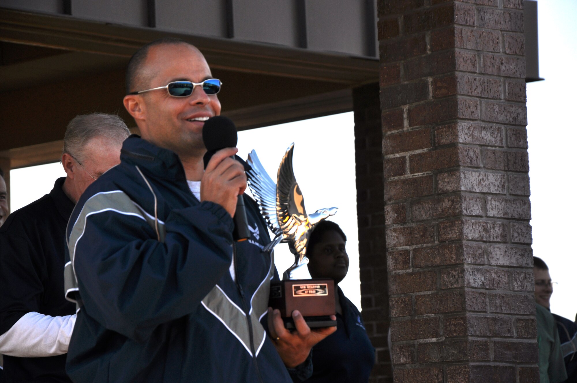 GOODFELLOW AIR FORCE BASE, Texas – Col. Mark Damiano, 17th Training Wing commander, talks to participants in Wingman Day before handing out trophies to the top two units. The 17th Training Support Squadron placed first in the small unit’s category and the Army 344th Military Intelligence Battalion placed first in the large unit’s category. (U.S. Air Force photo/ Airman 1st Class Joshua Edwards)