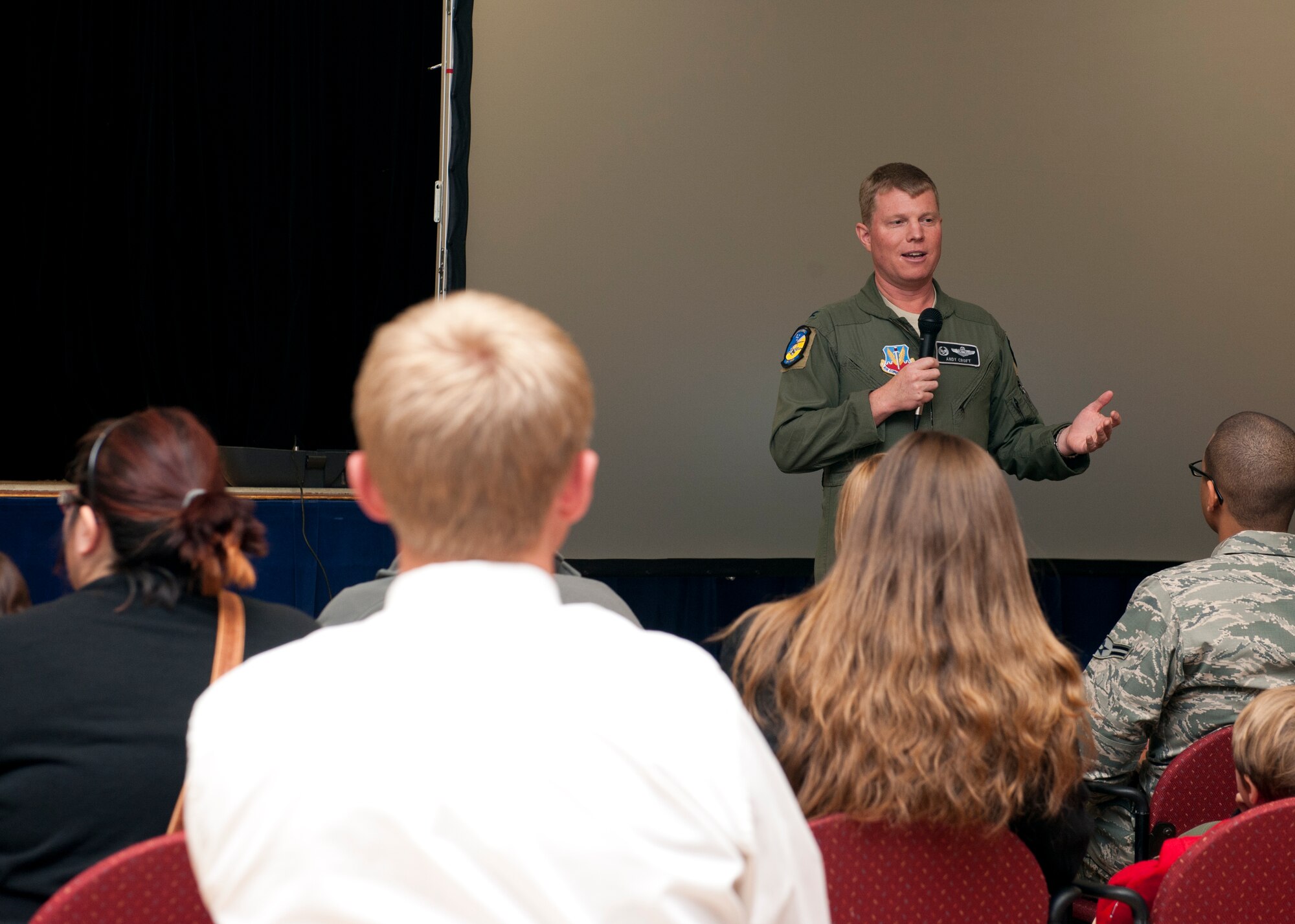 Colonel Andrew Croft, 49th Wing commander, fields questions from members of Holloman Air Force Base, N.M., during a town hall meeting held at the Community Activity Center Nov. 15. Croft hosted the town hall meeting to get feedback from members of the base and to gain insight into improvements that can be made. (U.S. Air Force photo by Airman 1st Class Daniel E. Liddicoet/Released)
