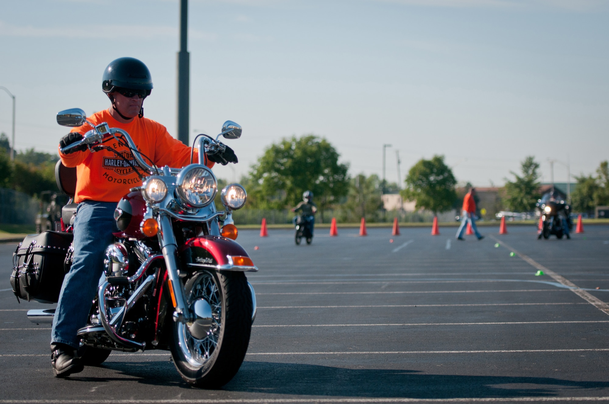 Kentucky Air National Guard Master Sgt. Rollie Hodges, 123rd Civil Engineer Squadron Prime Beef manager, participates in a motorcycle safety train-the-trainer course at the Kentucky Air National Guard Base in Louisville, Ky., on Aug. 22, 2012. The course, part of the Motorcycle Safety Foundation's RiderCoach Program, was designed in part to train student instructors so they can go on to teach motorcycle safety to other service members. (Kentucky Air National Guard photo by Master Sgt. Phil Speck)