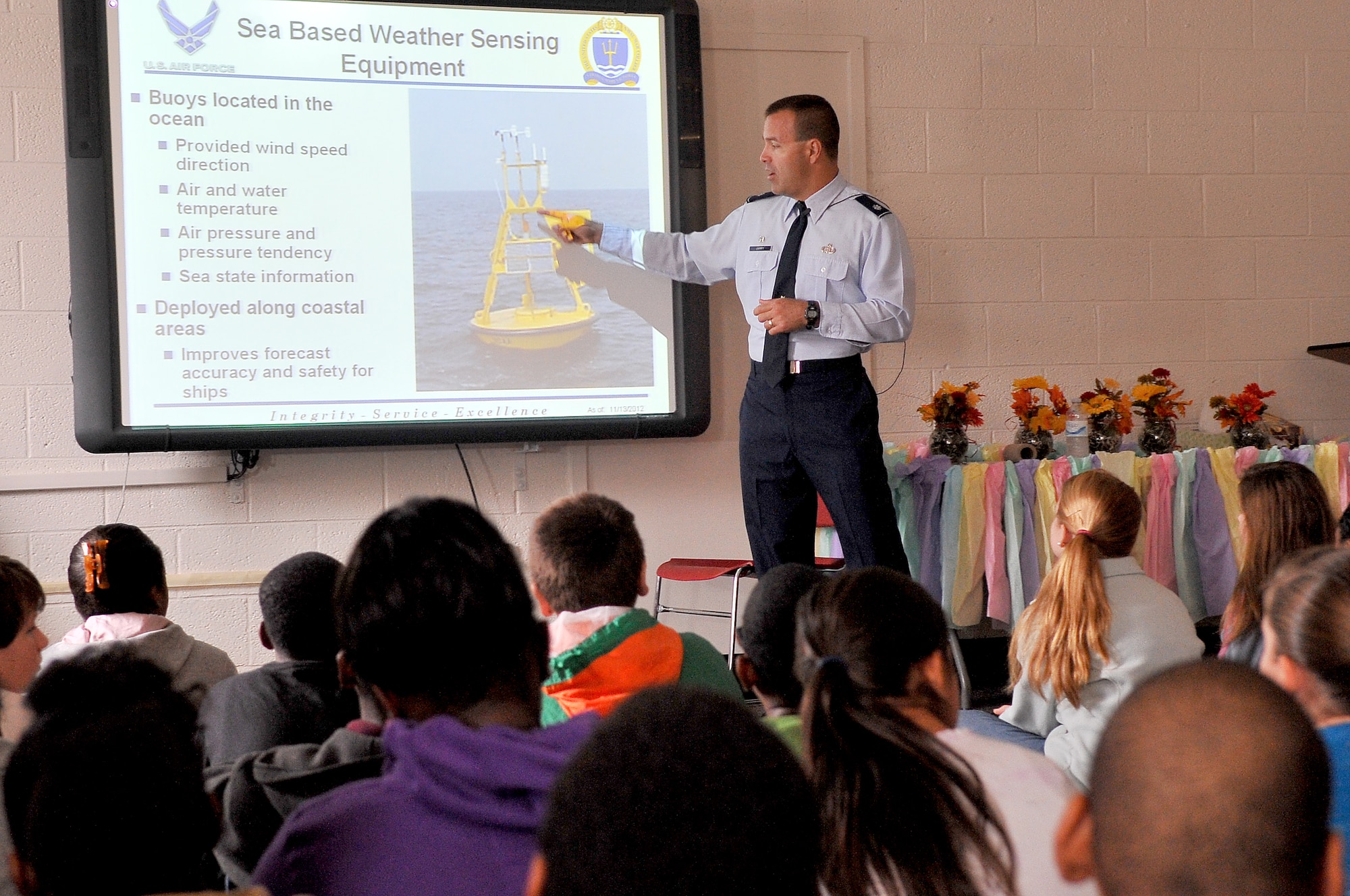 U.S. Air Force Lt. Col. Jeffrey Jarry, 28th Operational Weather Squadron commander, explains to the children about his job and how some of the weather equipment works, Pinewood, S.C., Nov. 13, 2012. Jarry also gave the kids insight on the history of Veterans Day and the life of a military service member. (U.S. Air Force photo by Airman 1st Class Ashley L. Gardner/ Released)

