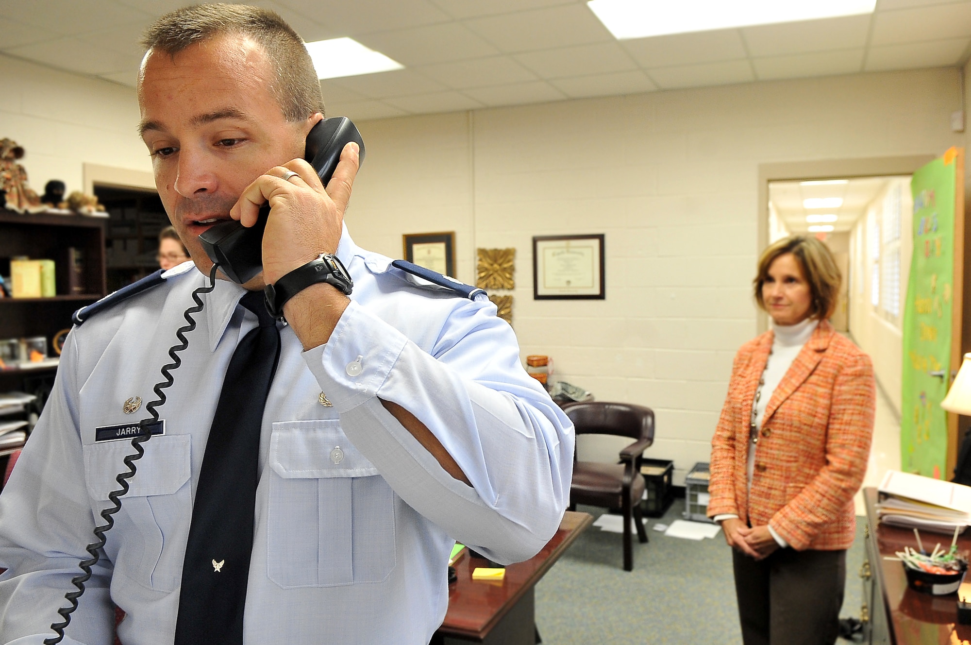 U.S. Air Force Lt. Col. Jeffrey Jarry, 28th Operational Weather Squadron 
commander, gives the morning announcements for the children before their day begins, Pinewood, S.C., Nov. 13, 2012. The elementary school has 513 enrolled students. (U.S. Air Force photo by Airman 1st Class Ashley L. Gardner/ Released)

