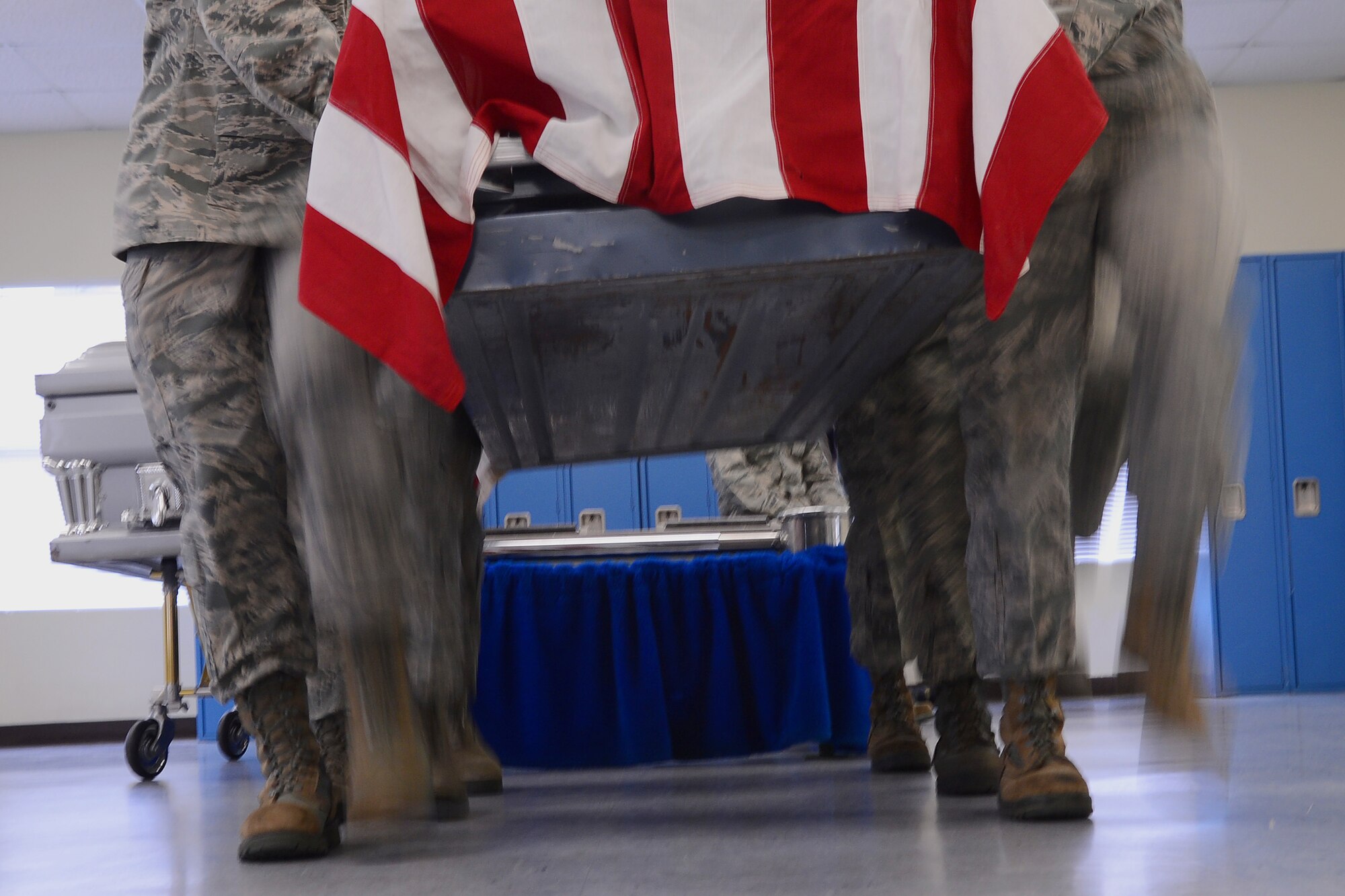 U.S. Air Force Airmen from the Shaw Air Force Base honor guard train for an active-duty funeral at Shaw Air Force Base S.C., Nov. 14, 2012. Every three months, Airmen at Shaw volunteer or are selected by their squadron to be a part of the base honor guard. Their honor guard service lasts up to a year with three month rotations. (U.S. Air Force photo by Airman Nicole Sikorski/Released)
