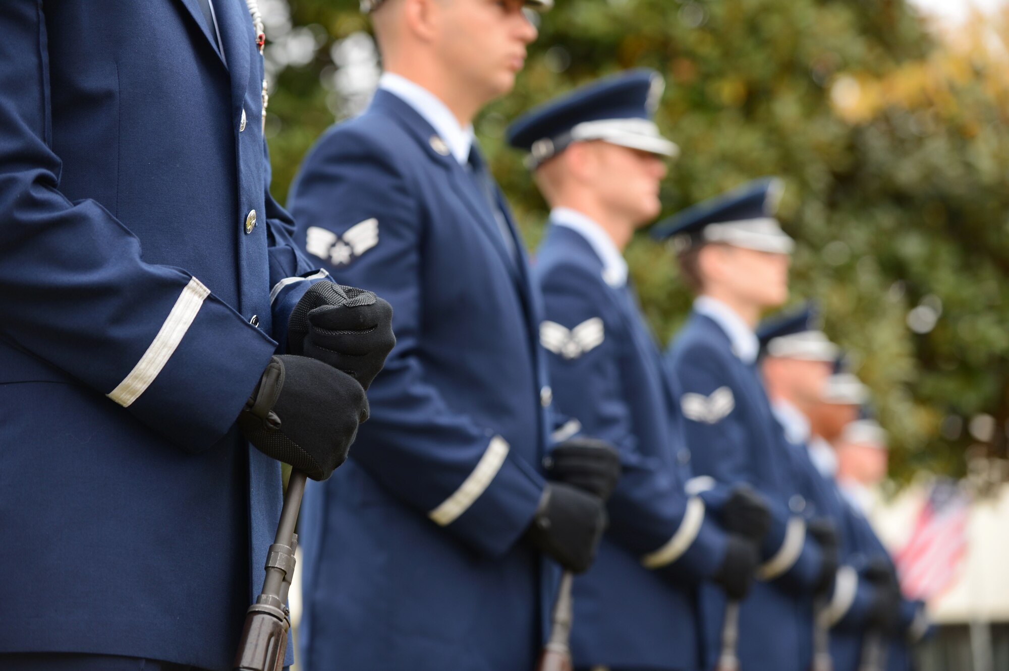 U.S. Air Force Airmen from the Shaw Air Force Base honor guard perform a 21 guns salute at a Veterans Day celebration in Sumter, S.C., Nov. 14, 2012. Every three months, Airmen at Shaw volunteer or are selected by their squadron to be a part of the base honor guard. Their honor guard service lasts up to a year with three month rotations. (U.S. Air Force photo by Airman Nicole Sikorski/Released)