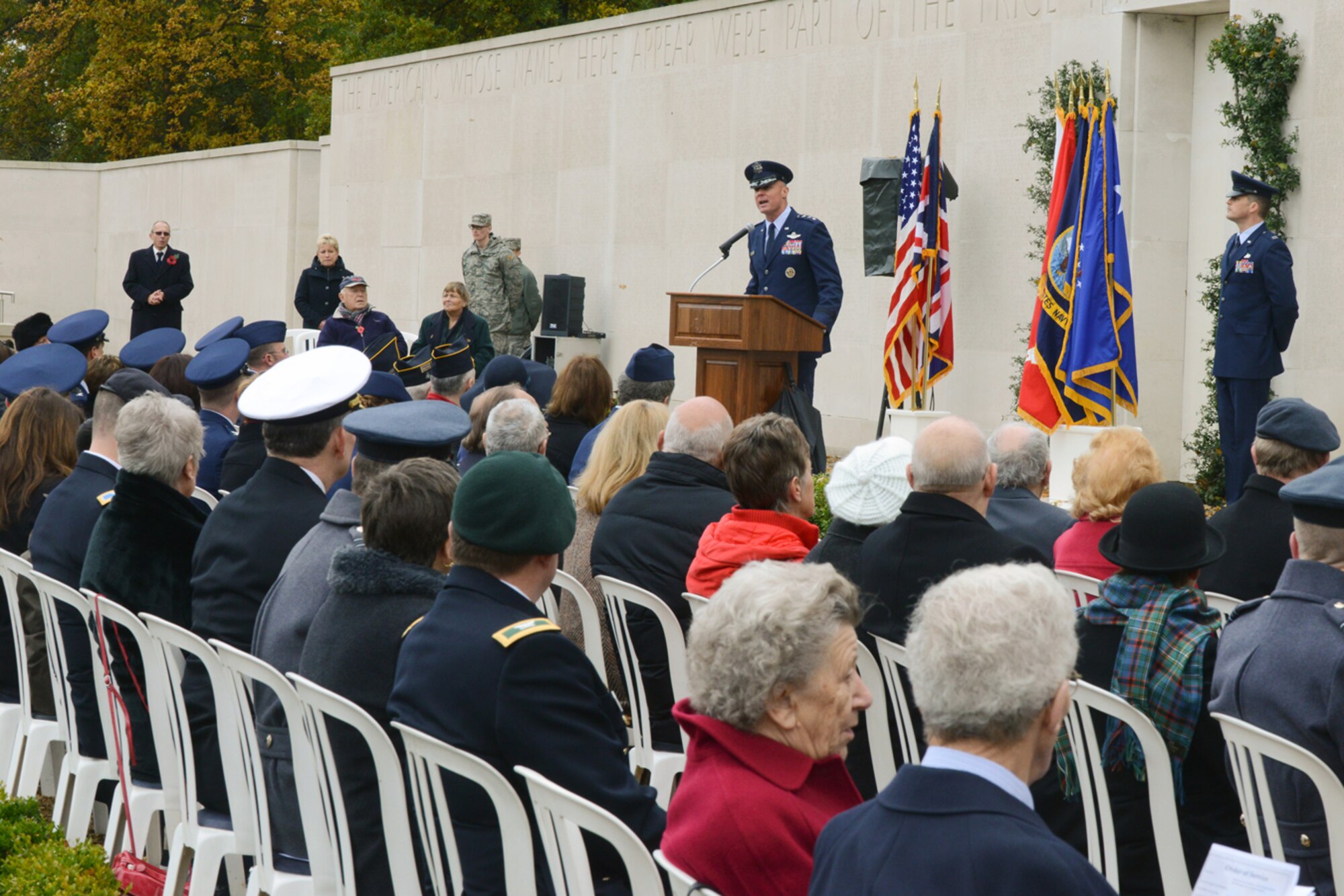 CAMBRIDGE, United Kingdom - Lt. Gen. Craig Franklin, 3rd Air Force commander, reminded everyone of the ultimate sacrifice made by some veterans during his speech at the Veteran’s Day ceremony at Cambridge American Cemetery Nov. 12. “Some 3,812 killed in World War II are laid to rest in this cemetery, and they fought for liberty in several different ways,” Franklin said. “Some of them were nurses tending the wounded; others were Sailors who brought vital supplies to England; and still other Airmen fighting in the skies over England and Europe.” (U.S. Air Force photo by Staff Sgt. Brian Stives)