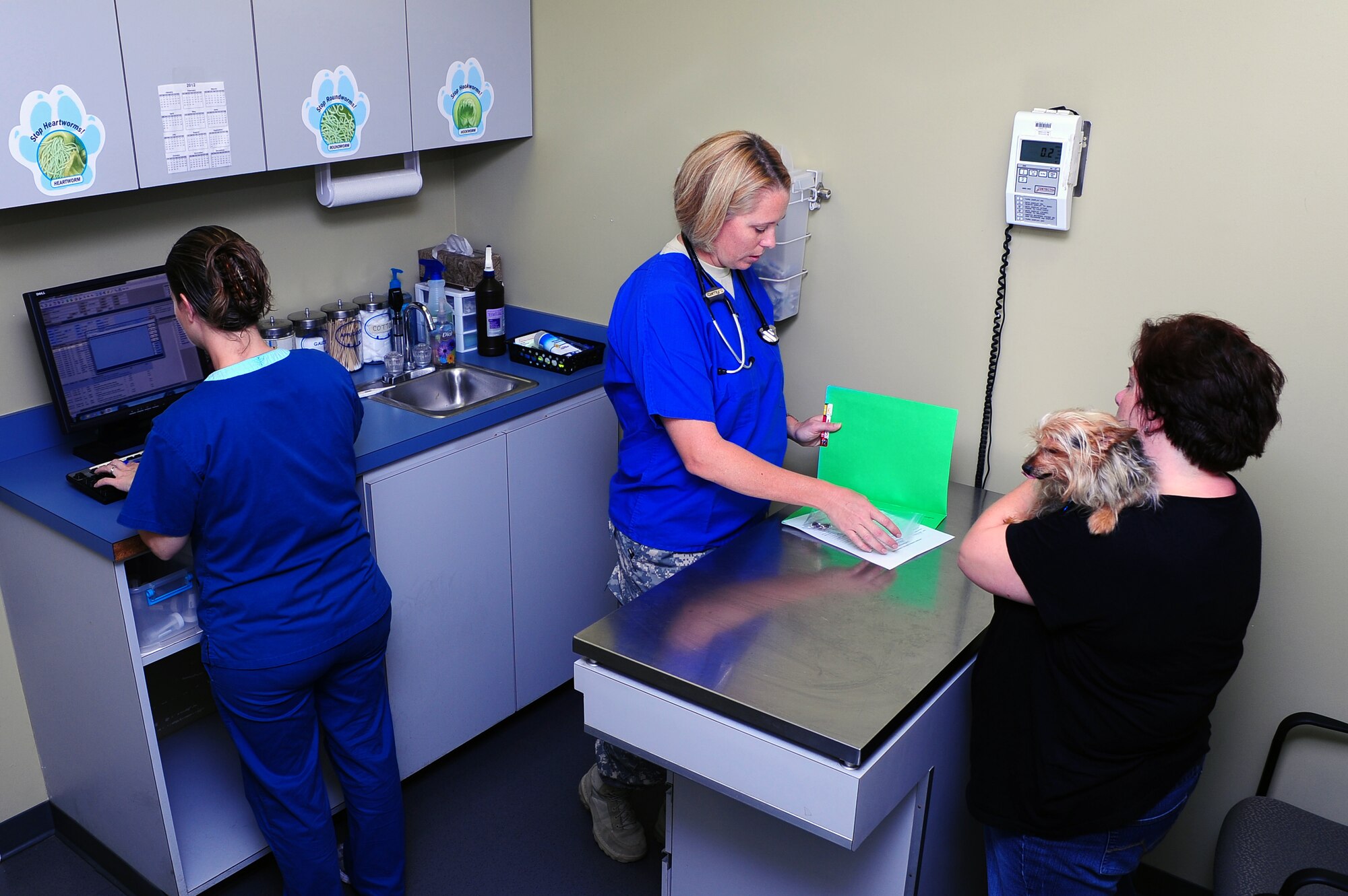 Army Capt. Cynthia Fallness, Joint Base Charleston – Air Base Veterinary Treatment Facility officer in charge, speaks with Stetch's owner, Nov. 13, 2012 at JB Charleston - Air Base, S.C. Stetch is a seven year old Yorkie Chihuahua Cross. The Charleston Veterinarian clinic serves between 20 and 30 patients per day. (U.S. Air Force photo/ Airman 1st Class Chacarra Walker)