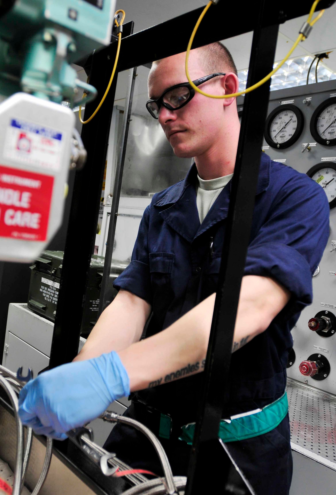 ROYAL AIR FORCE LAKENHEATH, England – Senior Airman Bryan LaMonte, 48th Component Maintenance Squadron hydraulics systems journeyman and Shasta Lake, Calif. native, tests the boost assembly of the pitch and roll channel assembly in the hydraulics shop Nov. 8, 2012. Hydraulics, fuels, electro-environmental and emergency global rescue, escape and survival systems are the four sections that make up the accessories flight. They are responsible for intermediate level maintenance on the components of the F-15. (U.S. Air Force photo by Senior Airman Tiffany M. Grigg)
