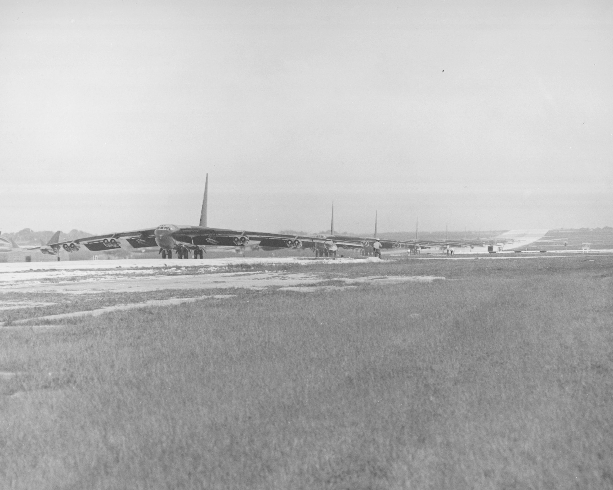 B-52s line up for takeoff at Andersen Air Base, Guam, during Linebacker II in December, 1973. (Courtesy photo)