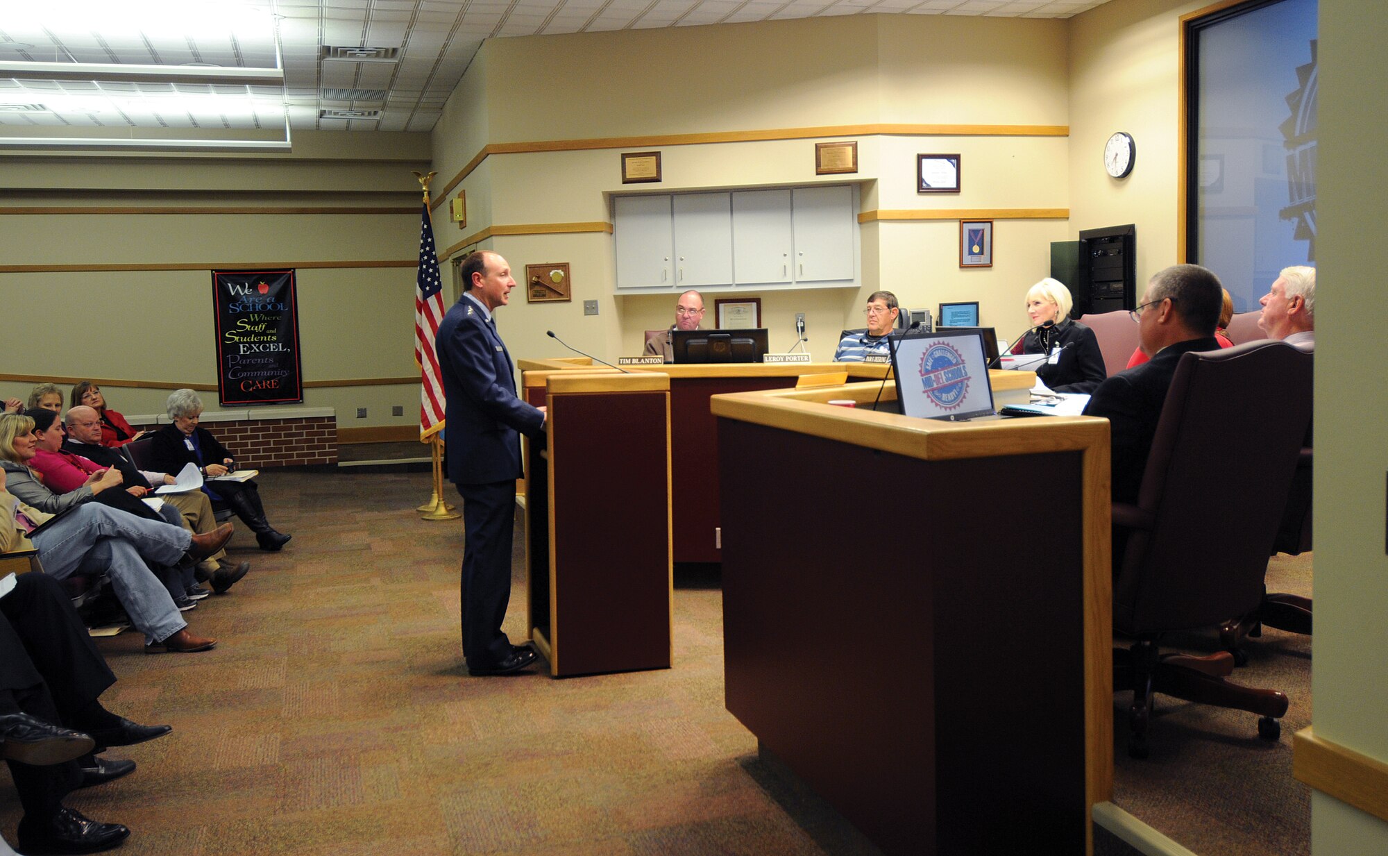 Addressing the Midwest City-Del City Public School Board of Education during a Nov. 12 meeting, Air Force Sustainment Center Commander Lt. Gen. Bruce Litchfield reinforces the Air Force’s and Tinker’s value of education. Praising the life opportunities learning opens for a student, the commander reassured the board and families there that Tinker backed the educators’ role. (Air Force photo by Margo Wright)