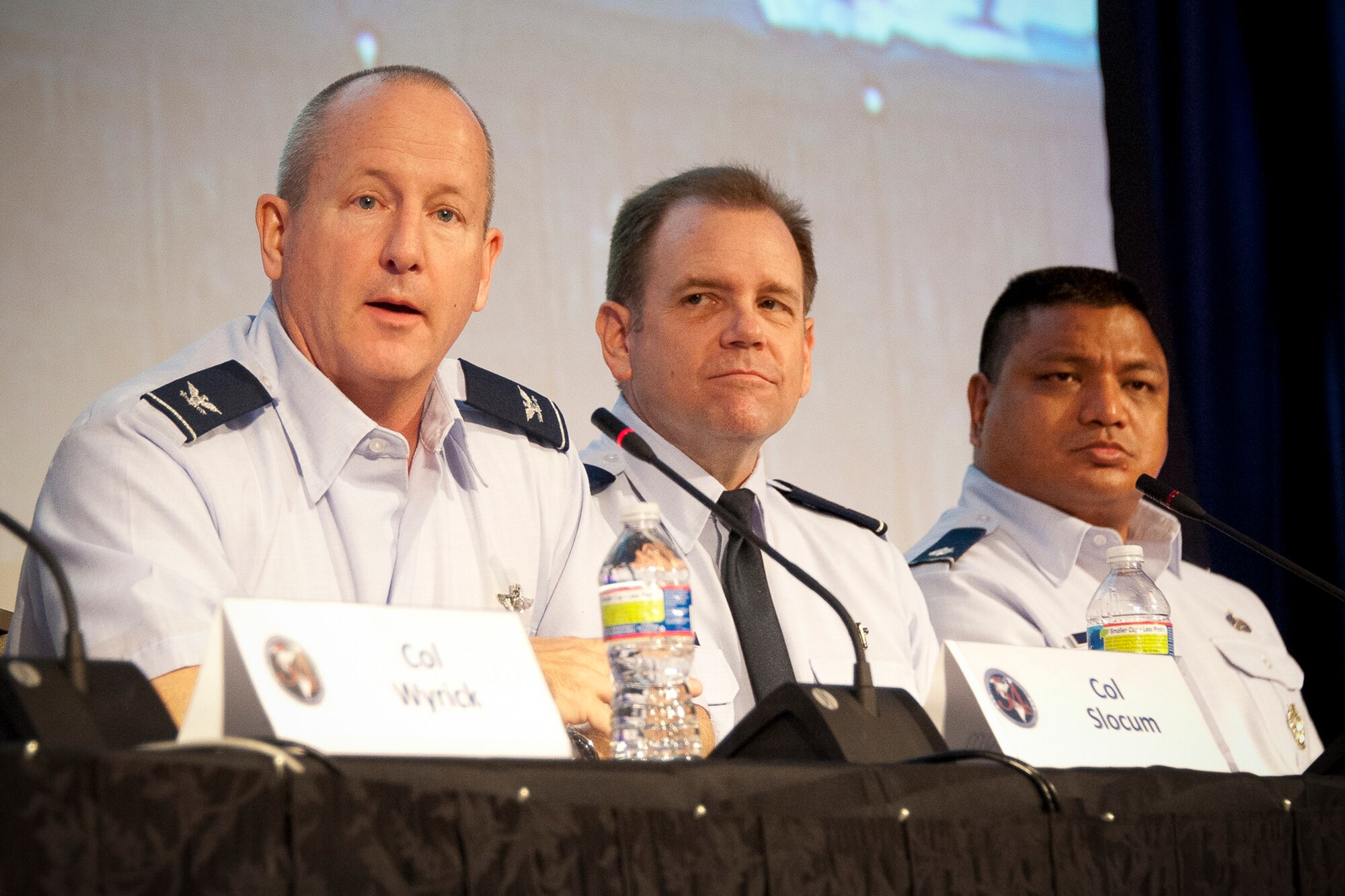 Col. John D. Slocum, the chief of Air National Guard safety, left, Chaplain Col. Joseph S. Chisolm, the deputy director of the ANG chaplain corps, center, and Lt. Col. Anthony Lanuzo, the chief of the services division at the National Guard Bureau, right, participate in a panel discussion with National Guard senior leaders Nov. 15, 2012, during the ANG Senior Leadership Conference at the National Conference Center in Leesburg, Va. The ANG SLC offered a single forum for senior leaders and unit commanders to exchange ideas and provide field input on critical issues affecting the future of the ANG. (National Guard photo by Master Sgt. Marvin Preston/RELEASED)