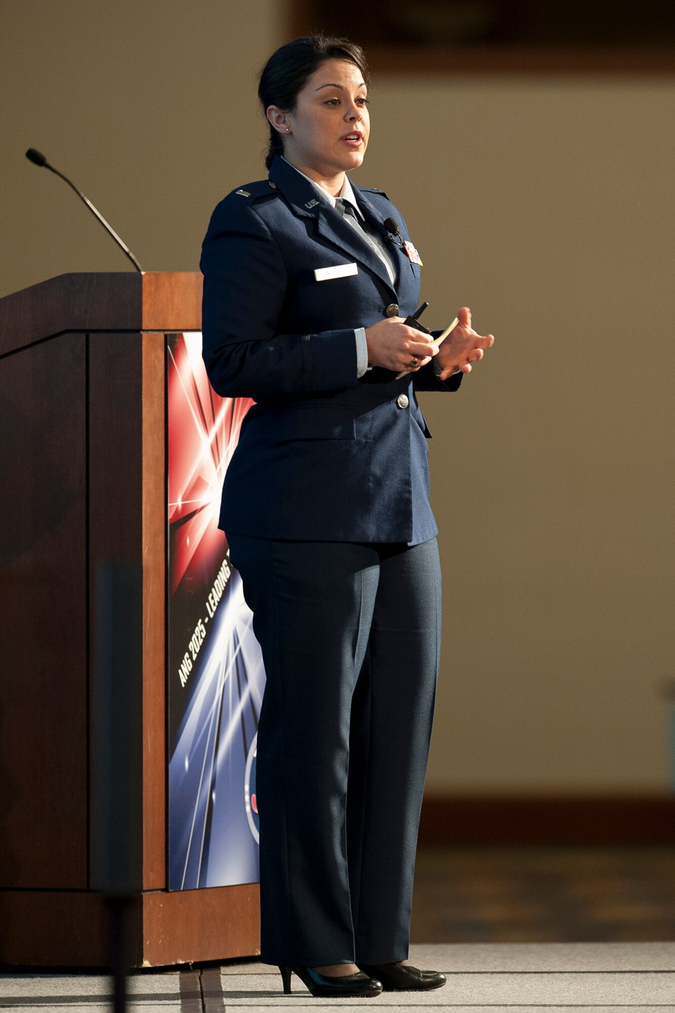 National Guard senior leaders listen as 2nd Lt. Carmina N. Aguirre, Air National Guard medical services, discusses suicide prevention resources Nov. 15, 2012, during the ANG Senior Leadership Conference at the National Conference Center in Leesburg, Va. The ANG SLC offered a single forum for senior leaders and unit commanders to exchange ideas and provide field input on critical issues affecting the future of the ANG. (National Guard photo by Master Sgt. Marvin Preston/RELEASED)