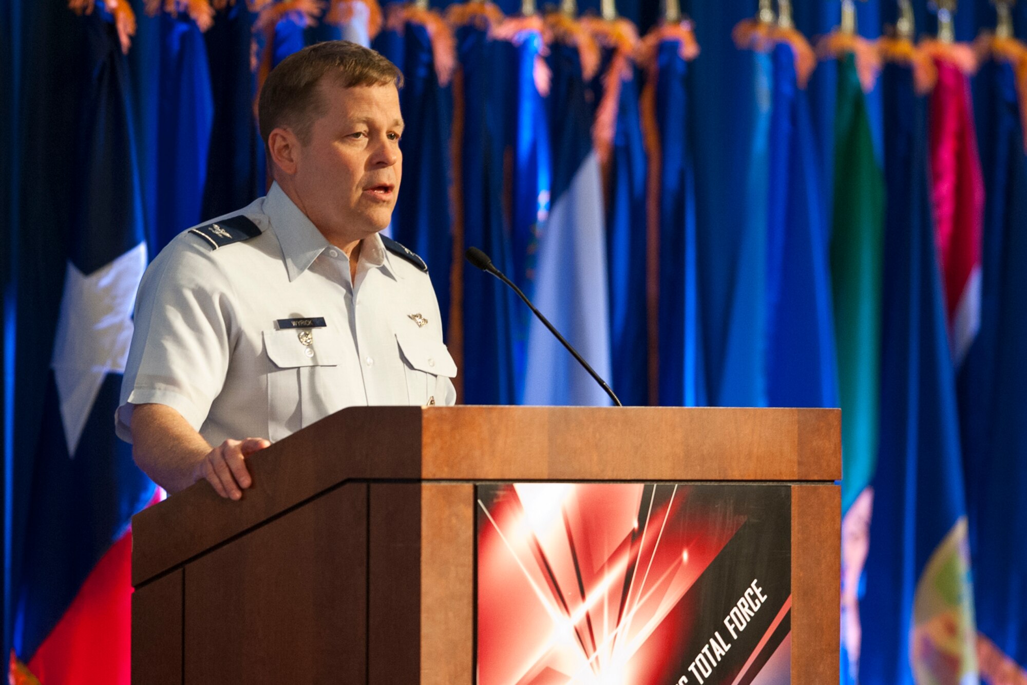 Col Brett A. Wyrick, the Air National Guard's director of medical services, discusses suicide prevention with National Guard senior leaders Nov. 15, 2012, during the ANG Senior Leadership Conference at the National Conference Center in Leesburg, Va. The ANG SLC offered a single forum for senior leaders and unit commanders to exchange ideas and provide field input on critical issues affecting the future of the ANG. (National Guard photo by Master Sgt. Marvin Preston/RELEASED)