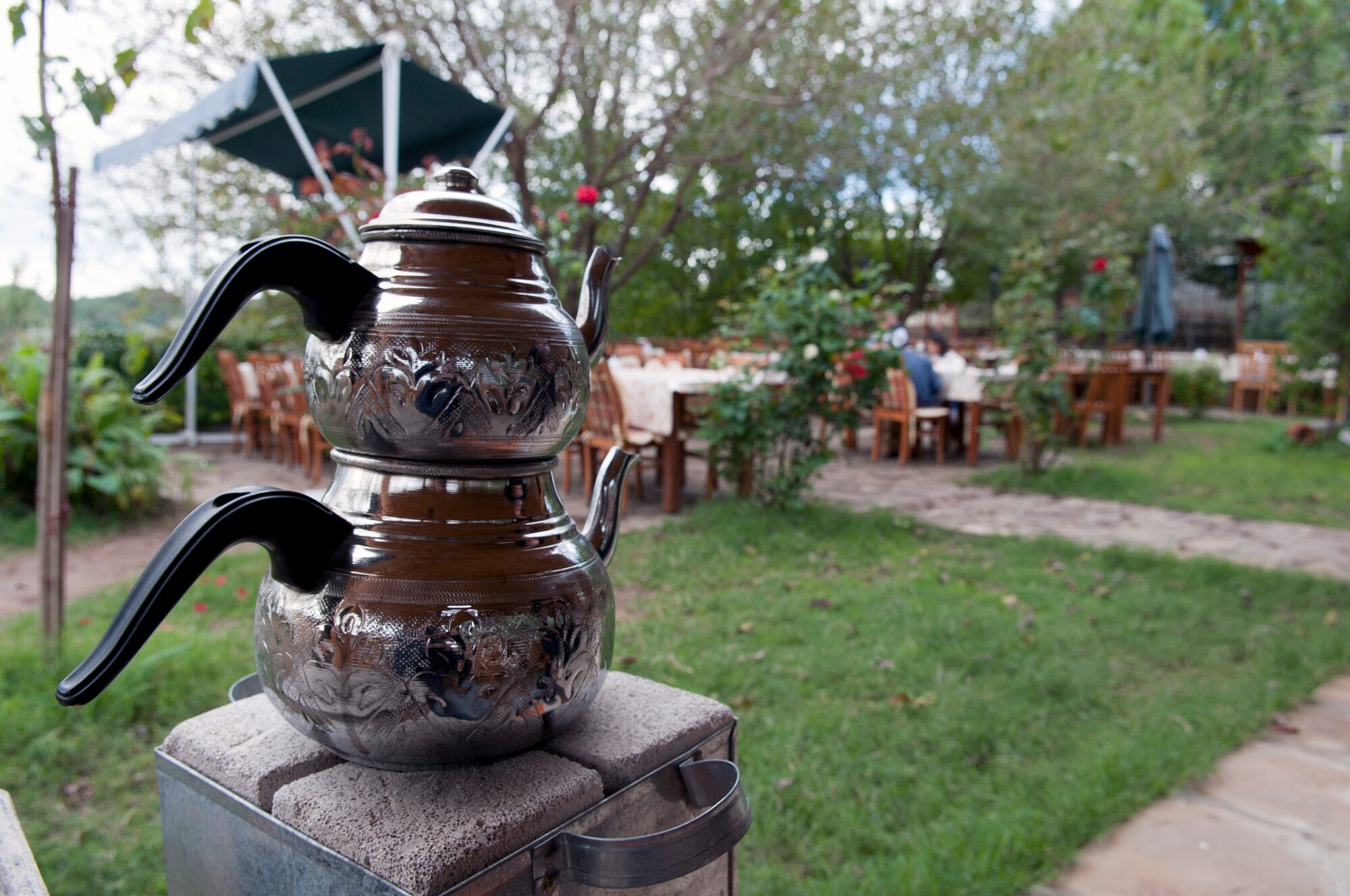 A Turkish tea pot heats for guests at Ekotepe Organic Farm Nov. 11, 2012, near Adana Turkey. Ekotepe offers a traditional Turkish brunch Saturdays and Sunday and sits in the foothills outside of Adana. (U.S. Air Force photo by Senior Airman Daniel Phelps/Released)