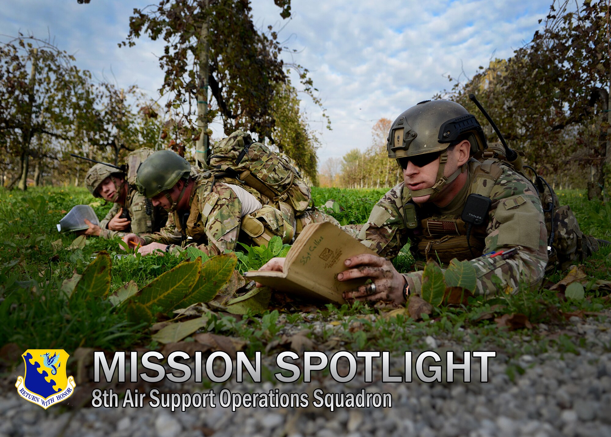 (From left) Senior Airman Benjamin Miller, 8th Air Support Operations Squadron joint terminal air controller and Airman First Class Matthew Smith, 4th Air Support Operations Group tactical command and control specialist and Staff Sgt. Joshua Cullins, 8th ASOS JTAC trainer, review landmarks Nov. 14 in Brugnera, Italy.  Training was conducted to help refine techniques and procedures of offensive operations and combat air strikes.  (U.S. Air Force photo illustration/Staff Sgt. Evelyn Chavez)