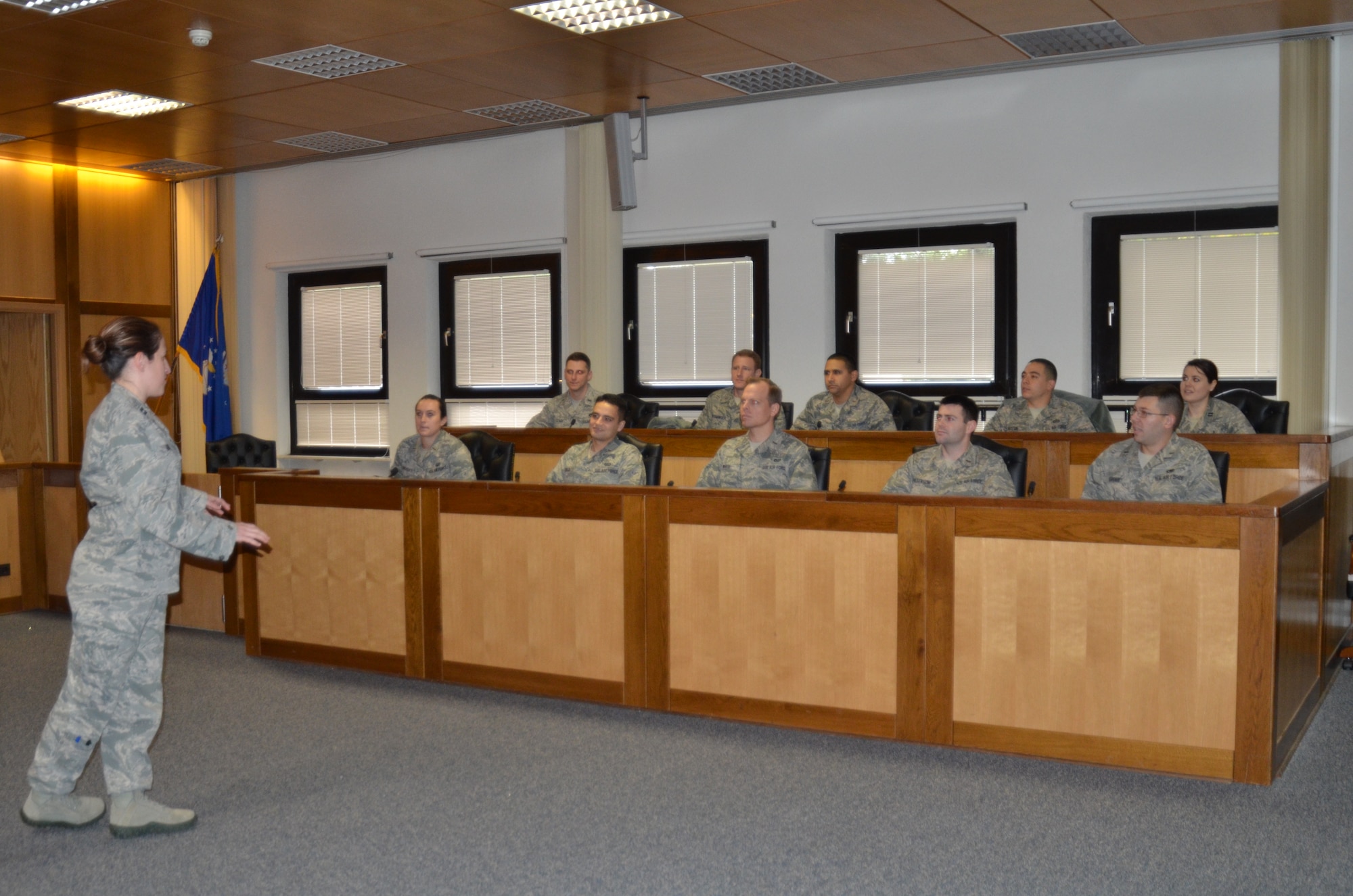 Capt. Brenda J. Gohr, 86th Airlift Wing assistant staff judge advocate, discusses important legal issues and procedures with the newest officers of the Kaiserslautern Military Community Nov. 8. The KMC Company Grade Officers’ Council holds the first term officers’ course to aid new CGOs in professional development and networking.  (U.S. Air Force Photo/2nd Lt. Kay M. Nissen)