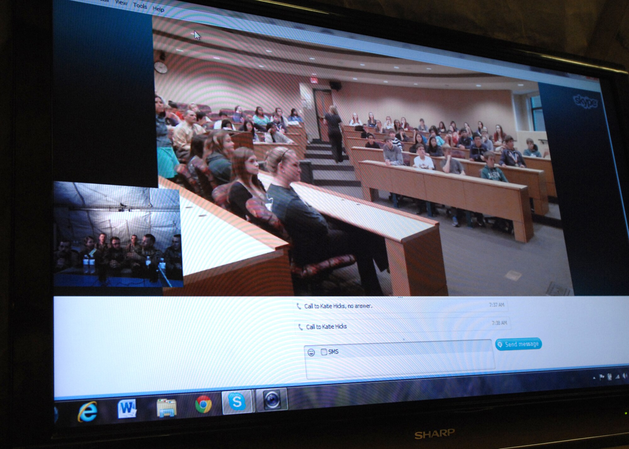 U.S. Air Force Airmen participate in a Skype session with students at Mason High School in Mason, Ohio Sept. 12 Each session lasted between 20 and 45 minutes, and tended to be the latter as the more than 650 students and handful of Airmen continued to talk about everything from the food deployed servicemembers eat to which sports teams they cheer for. (U.S. Air Force photo/Master Sgt. Russell Martin)