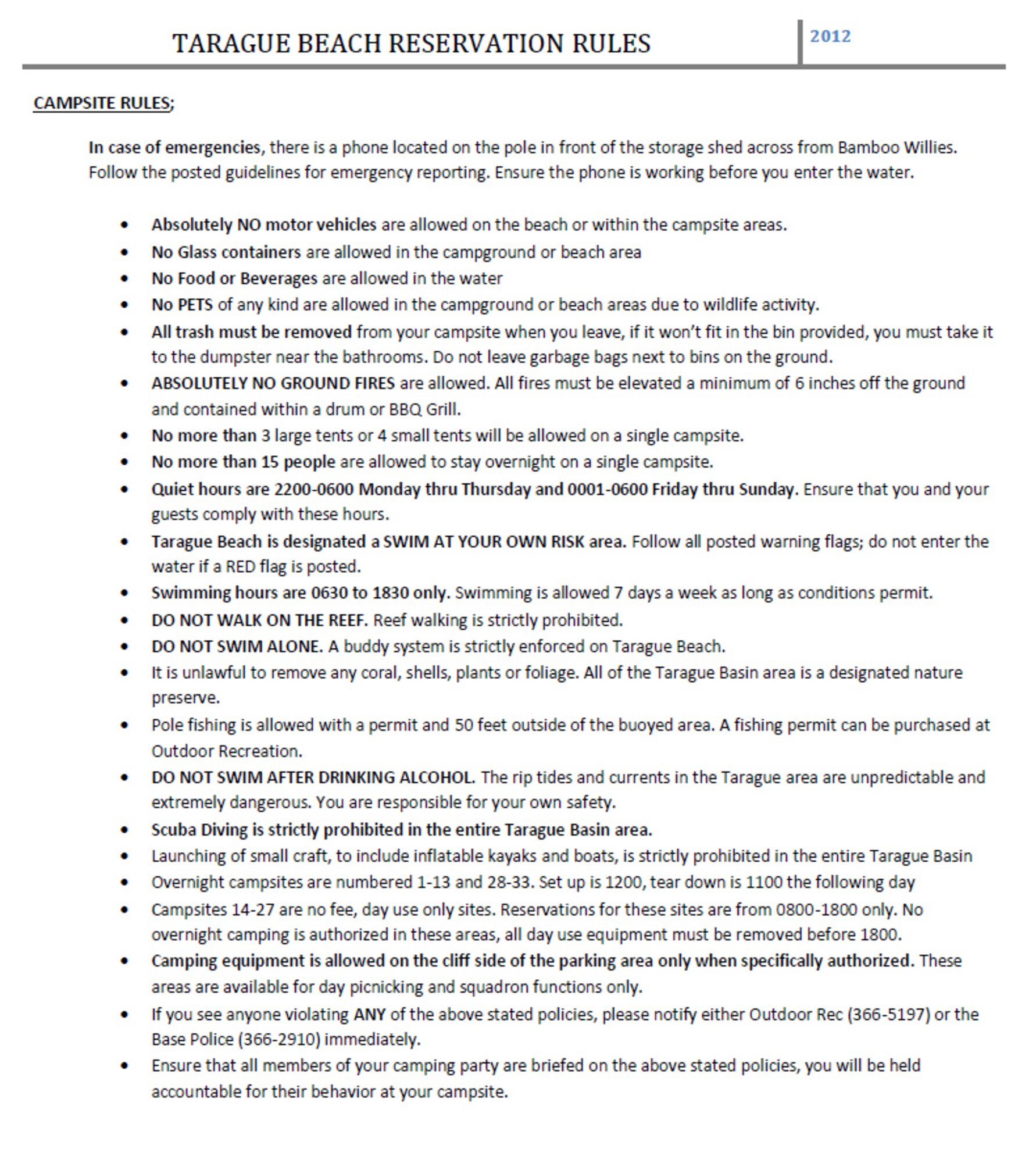 Tarague Campground Reservation Rules