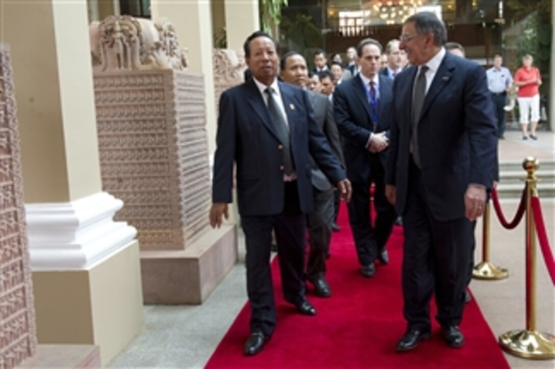 Secretary of Defense Leon E. Panetta, right, walks with Cambodian Minister of National Defence Gen. Tea Banh, left, during the Association of Southeast Asian Nations defense ministers meeting in Siem Reap, Cambodia, on Nov. 16, 2012.  Panetta and Tea Banh met earlier to discuss regional security items of interest to both nations.  The association with member states of Burma, Brunei Darussalam, Cambodia, Indonesia, Laos, Malaysia, the Philippines, Singapore, Thailand and Vietnam was formed in 1967.  