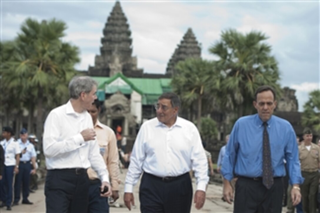 Secretary of Defense Leon E. Panetta, center, tours Angkor Wat with U.S. Ambassador to the U.S. Mission to the Association of Southeast Asian Nations David Carden, left, and Ambassador to Cambodia William Todd, right, in Siem Reap, Cambodia, on Nov. 16, 2012.  Panetta was in Cambodia to talk to his defense counterparts during the Association of Southeast Asian Nations defense ministers meeting.  The association with member states of Burma, Brunei Darussalam, Cambodia, Indonesia, Laos, Malaysia, the Philippines, Singapore, Thailand and Vietnam was formed in 1967.  Angkor Wat is the largest Hindu temple complex in the world. 