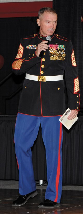 Sgt. Maj. William Skiles, special projects officer to the Sergeant Major of the Marine Corps, speaks at the Marine Corps Birthday Ball at Darton State College, Nov. 8.
