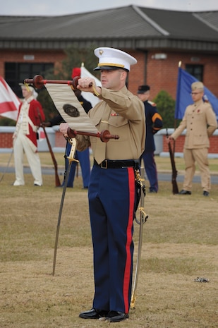 Capt. Michael Duffy, adjutant, Marine Corps Logistics Base Albany, reads Maj. Gen. John A. Lejeune’s birthday message during MCLB Albany’s Marine Corps birthday cake-cutting ceremony and uniform pageant held in front of Building 3500, Nov. 7.
