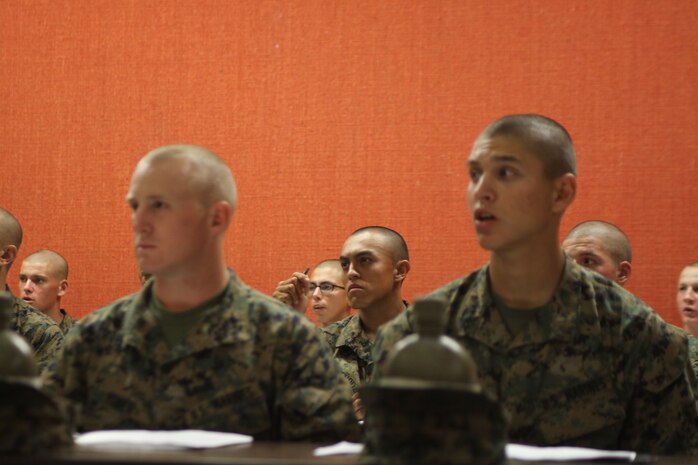 Recruits of Company F, 2nd Recruit Training Battalion, recieve the opportunity to ask question regarding their leave and or recruiting assistance following graduation aboard Marine Corps Recruit Depot San Diego, Nov. 6. The news comes one week before the Crucible and is a source of motivation for many recruits.