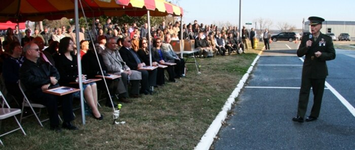 At Marine Corps Systems Command’s (MCSC) 25th anniversary commemoration, Brigadier General Frank Kelley, MCSC Commander, addresses “Plankowners” and members of the Command. For the anniversary, MCSC considers Plankowners as those employees who have continuously worked for the Command since its establishment in November 1987.