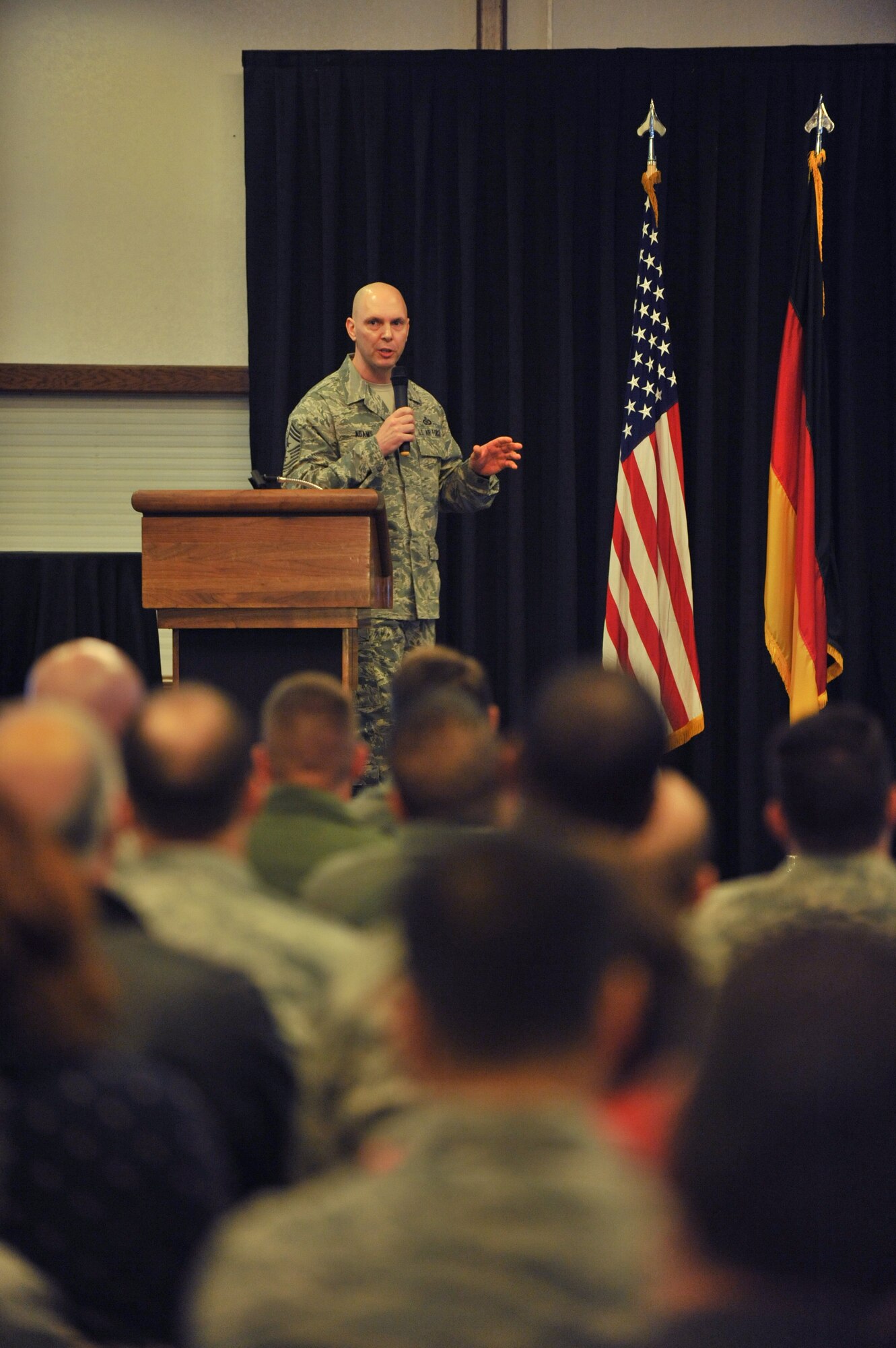 United States Air Forces in Europe and Air Forces Africa Command Chief Master Sergeant Craig A. Adams addresses USAFE headquarters staff during the USAFE-AFAFRICA All Call at Ramstein Air Base Nov. 13. (U.S. Air Force photo/Senior Airman Caitlin O'Neil-McKeown)
