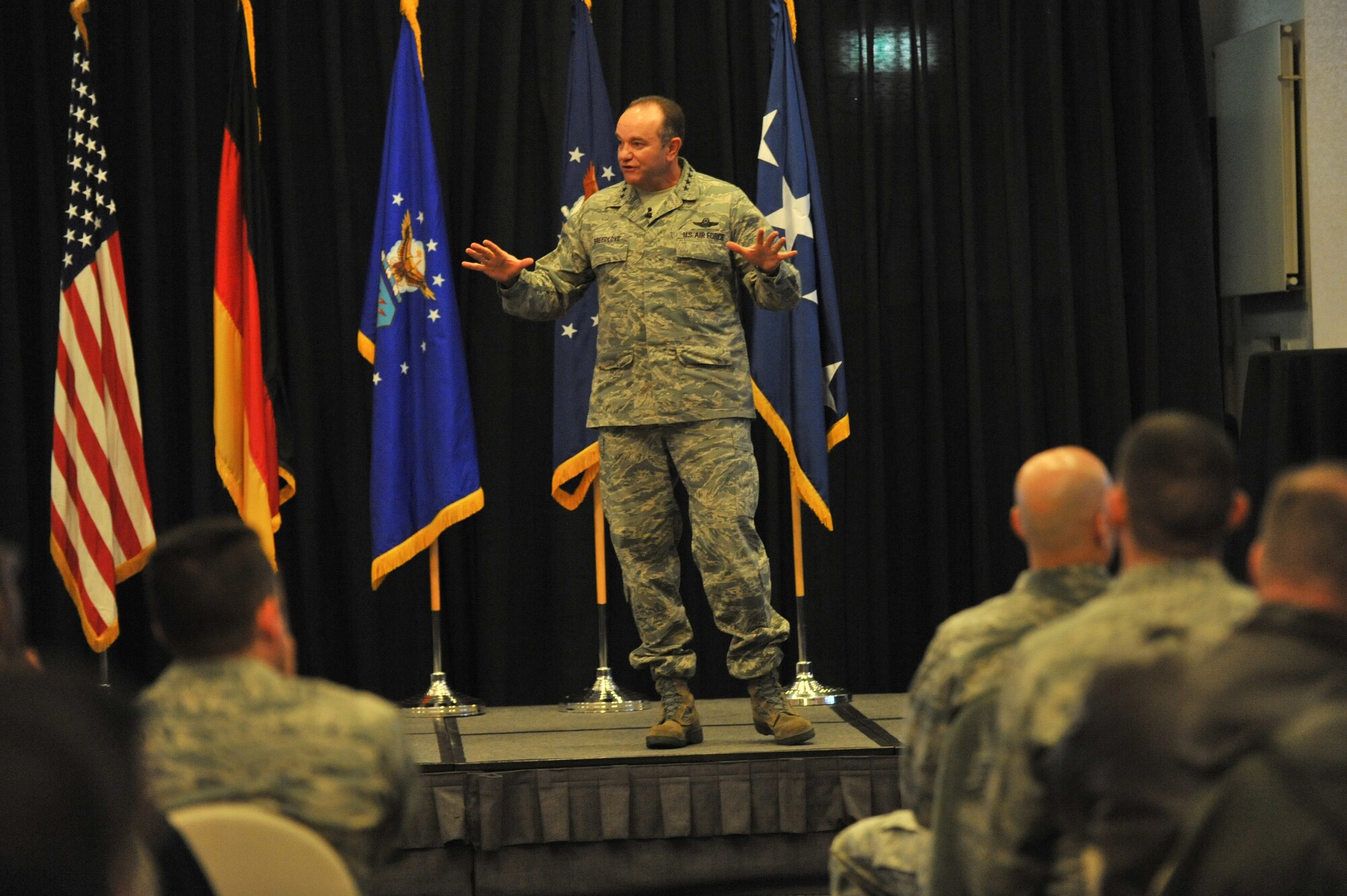 United States Air Forces in Europe and Air Forces Africa Commander Gen. Philip M. Breedlove addresses USAFE headquarters staff during his first USAFE-AFAFRICA All Call at Ramstein Air Base Nov. 13. (U.S. Air Force photo/Senior Airman Caitlin O'Neil-McKeown)