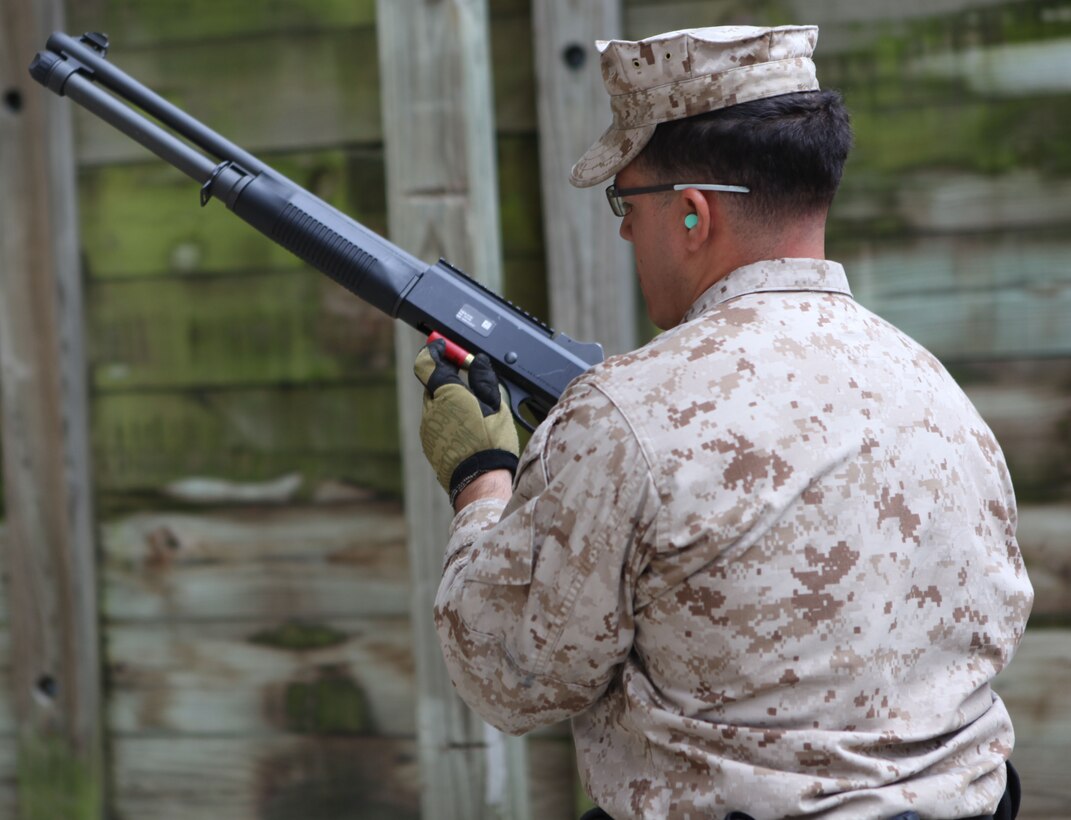 Marine reservists with Special-Purpose Marine Air Ground Task Force 12 practice marksmanship techniques Oct. 26. The Marines  spent two weeks aboard Marine Corps Base Camp Lejeune learning a new set of skills with Marine Corps Police Academy East.