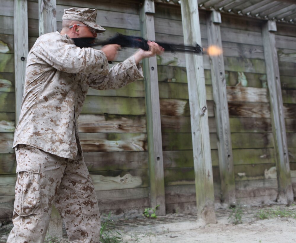 Marine reservists with Special-Purpose Marine Air Ground Task Force 12 practice marksmanship techniques Oct. 26. The Marines  spent two weeks aboard Marine Corps Base Camp Lejeune learning a new set of skills with Marine Corps Police Academy East.