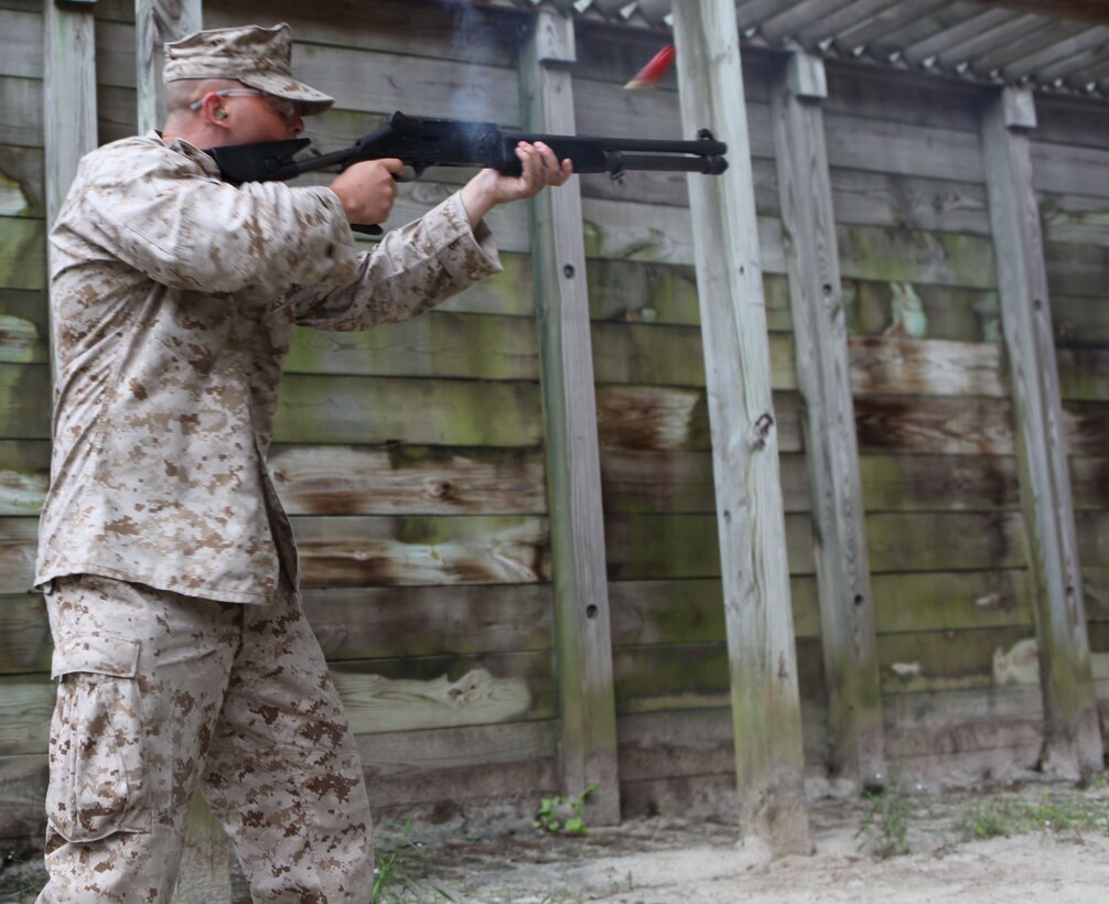 Marine reservists with Special-Purpose Marine Air Ground Task Force 12 practice marksmanship techniques Oct. 26. The Marines  spent two weeks aboard Marine Corps Base Camp Lejeune learning a new set of skills with Marine Corps Police Academy East.