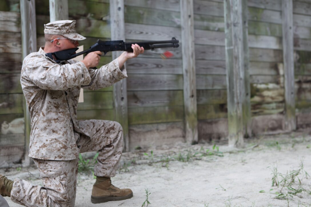 Marine reservists with Special-Purpose Marine Air Ground Task Force 12 practice marksmanship techniques Oct. 26. The Marines  spent two weeks aboard Marine Corps Base Camp Lejeune learning a new set of skills with Marine Corps Police Academy East.