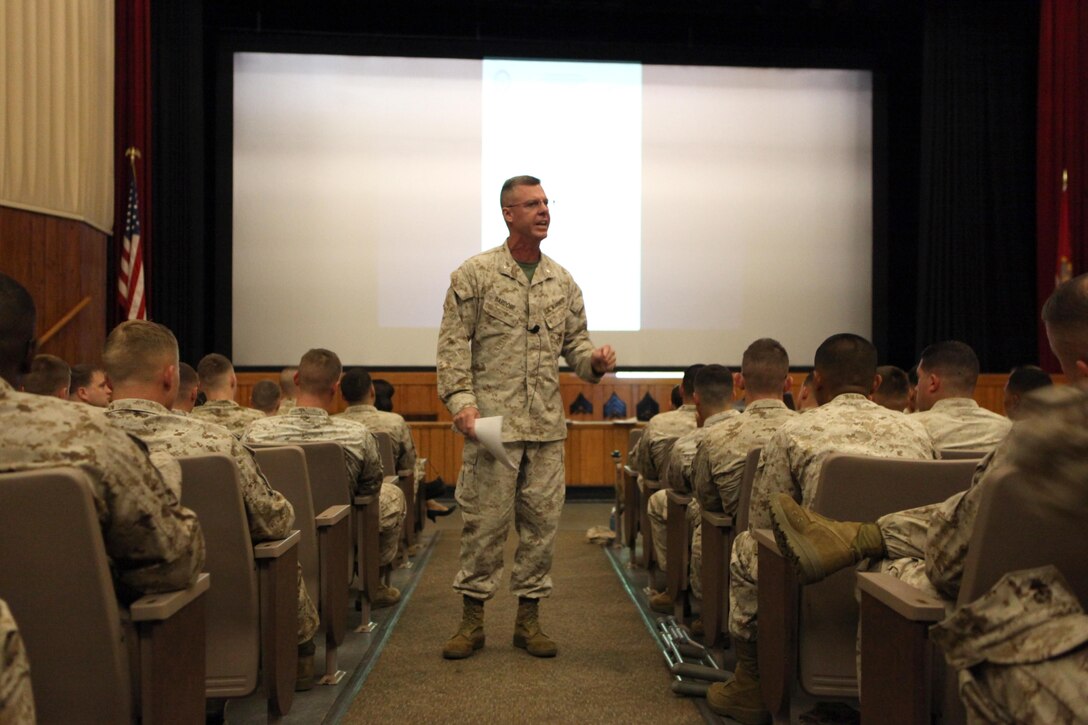 Lt. Col. David G. Bardorf, the commanding officer of Marine Corps Istallations East-Marine Corps Base Camp Lejeune's Headquarters and Support Battalion, speaks to his Marines during the Sexual Assault Prevention and Response all-hands training Oct. 16. Bardorf, along with Sgt Maj. Michael J. Rowan led the instruction, which included presentations by a uniform victim advocate, the battalion's sexual assault response coordinator and a representative from Naval Criminal Investigative Service.