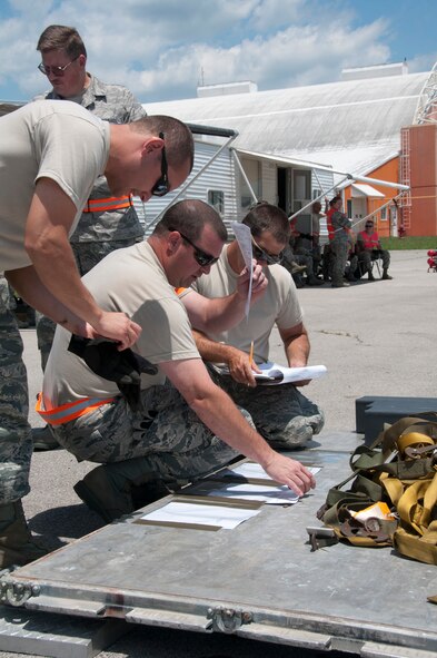 Members of the 134th Air Refueling Wing performing a Joint Inspection for airworthiness on aerospace ground equipment at the McGhee Tyson Air National Guard Base Cargo Deployment Function on June 2 2012. The 134th Air Refueling Wing conducted a Taker Strategic Aircraft Regeneration Team (TSART) exercise over drill weekend in June. 